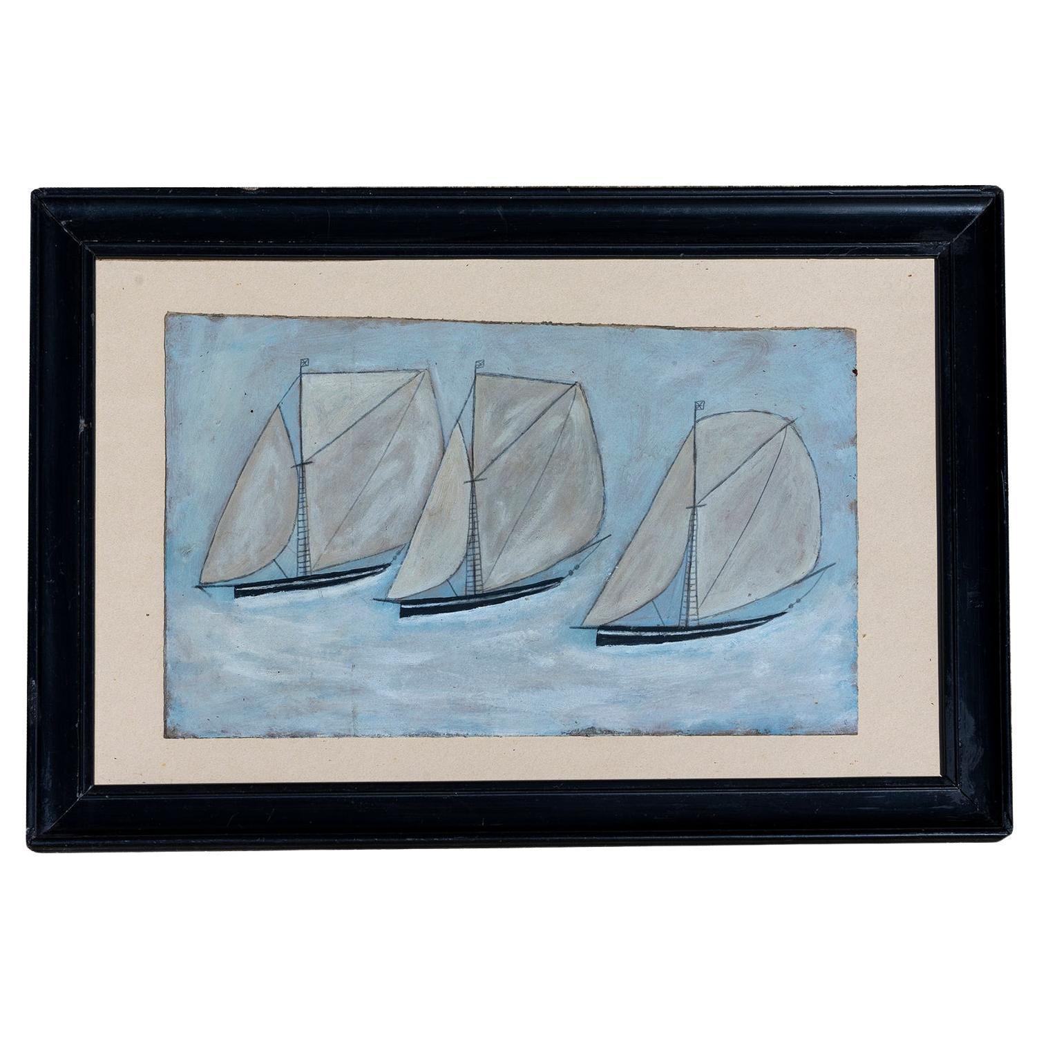 Painting Oil Naive Three Sloops Spirit of Alfred Wallis Framed Blue White Black For Sale