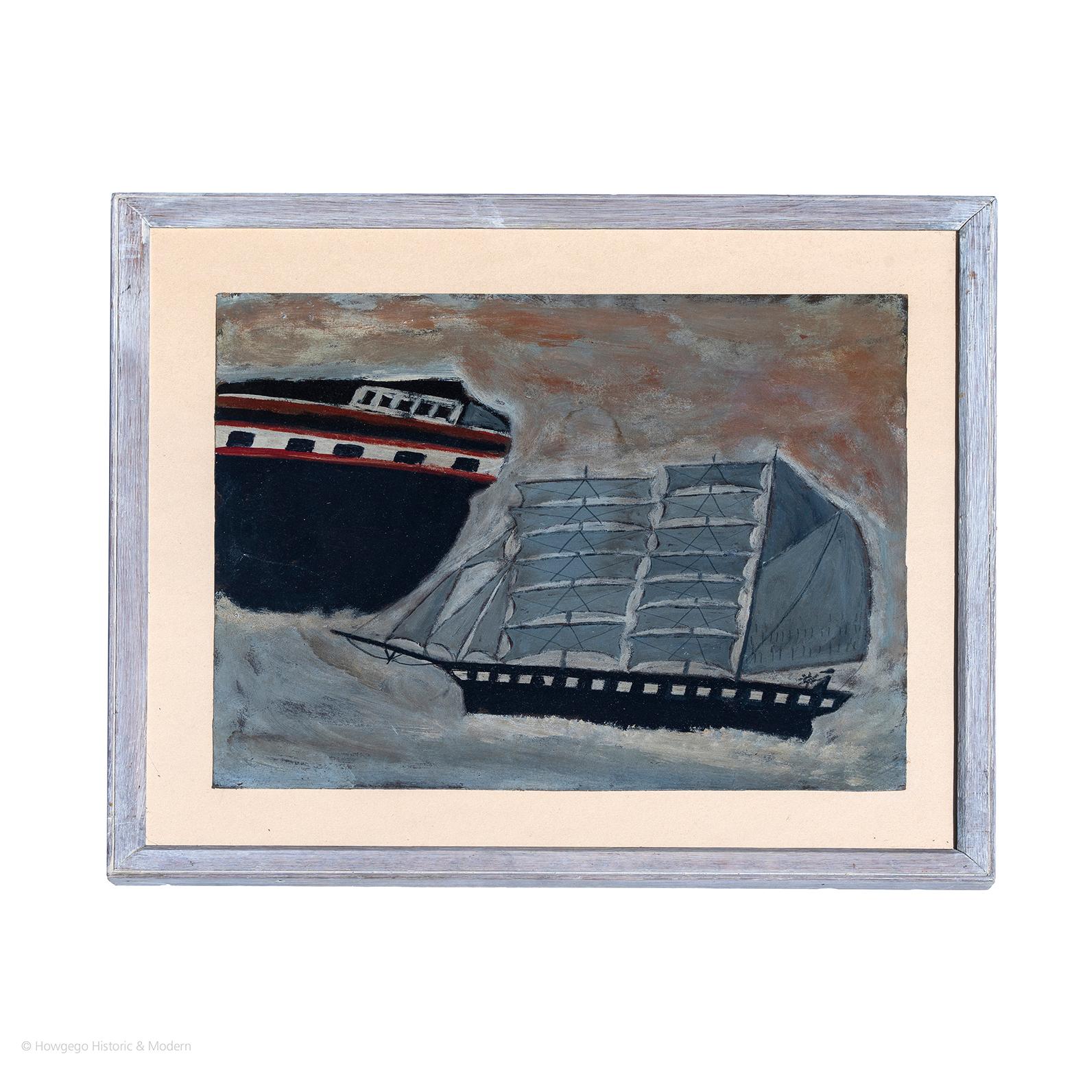 Topmast schooner sailing past a cargo ship
Oil on canvas
Characterful naive picture in the spirit of Alfred Wallis

Board length 28cm., 11