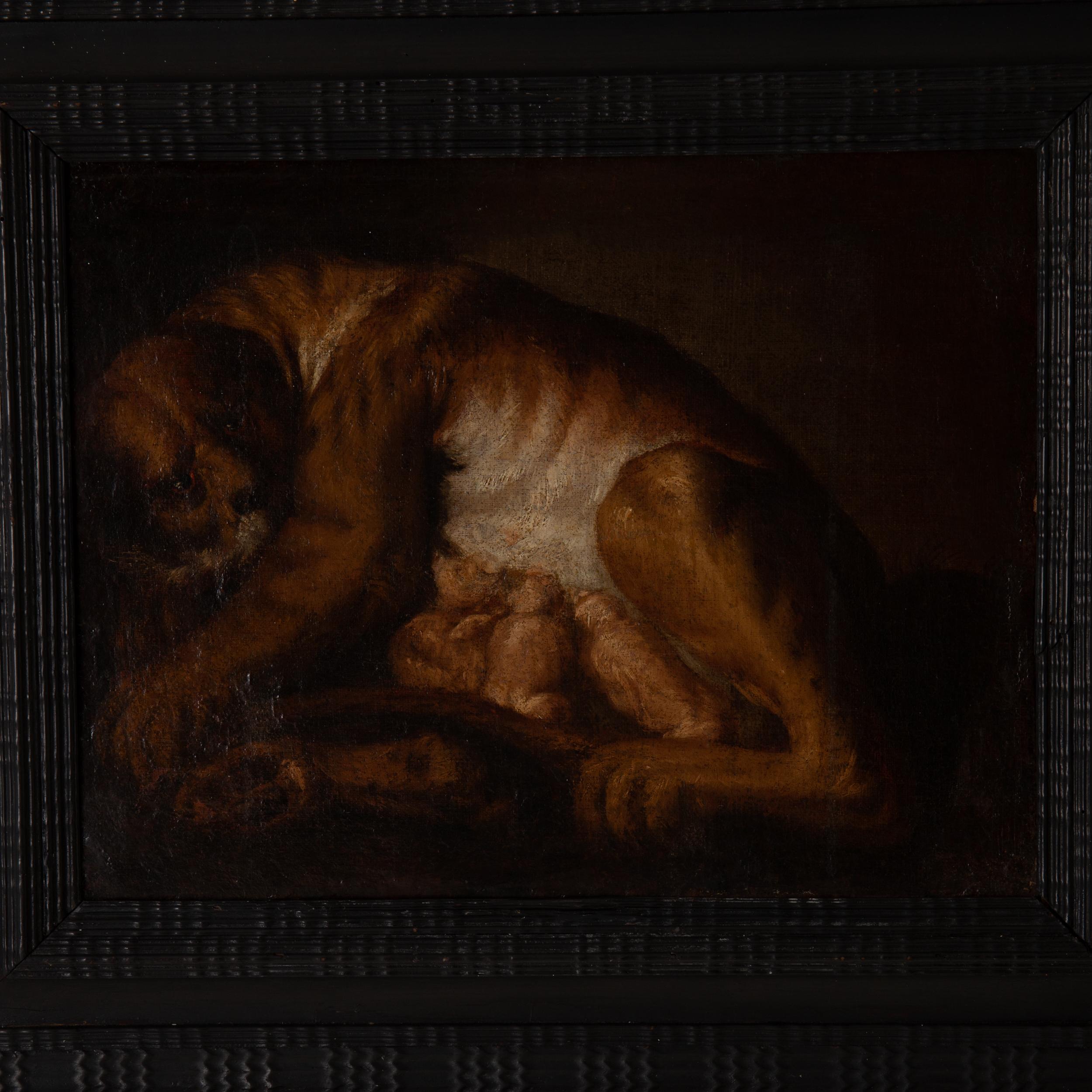 Peinture à l'huile sur toile d'époque baroque originale avec cadre baroque noir. Un tableau réalisé à l'époque baroque dans son cadre d'origine. Sujet lionne avec ses petits.

 