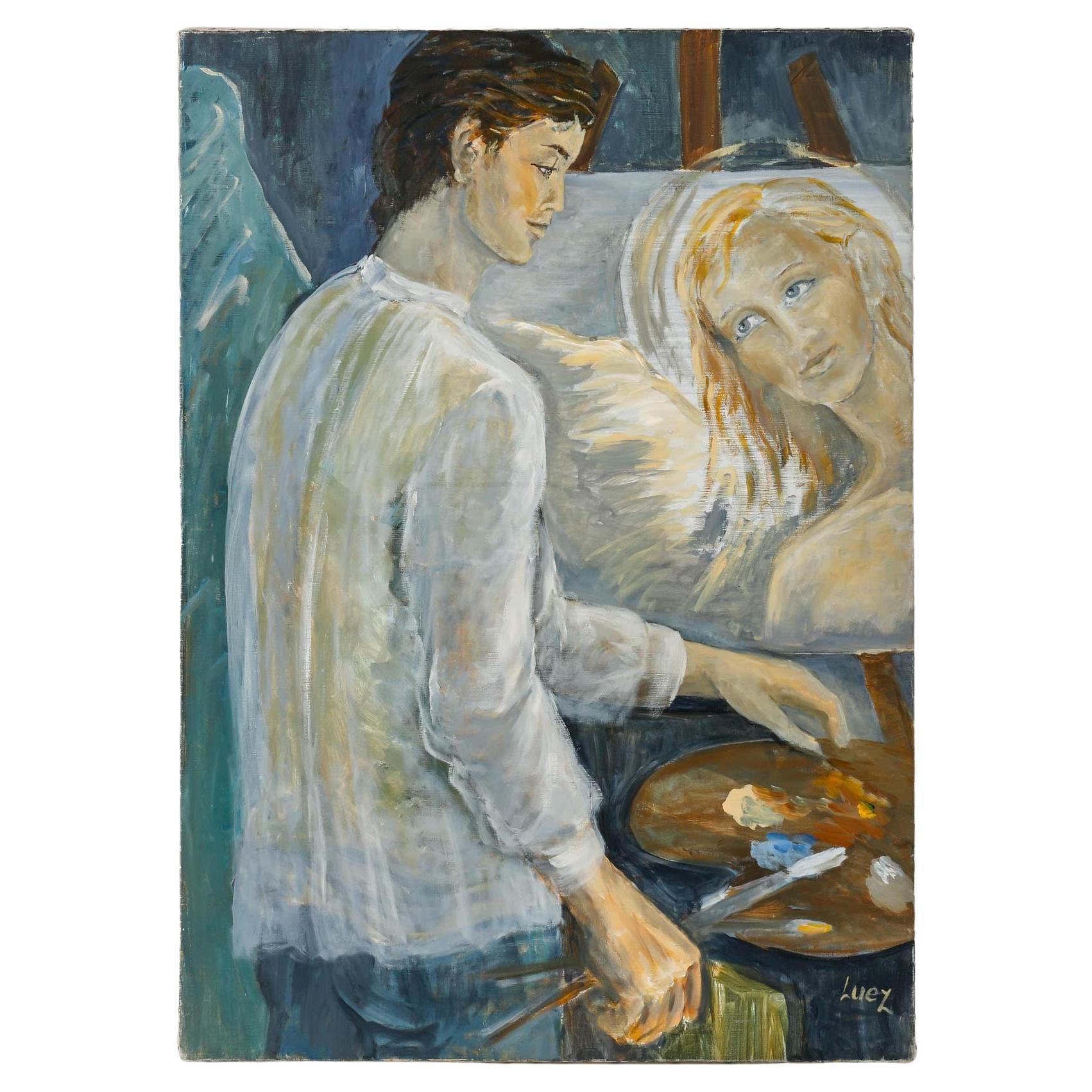 Painting, Oil on Canvas by Artist Evelyne Luez, "Le Peintre à son Chevalet". For Sale