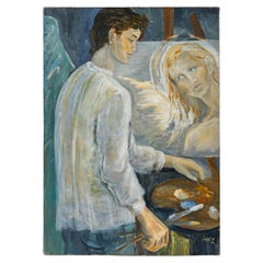 Vintage Painting, Oil on Canvas by Artist Evelyne Luez, "Le Peintre à son Chevalet".