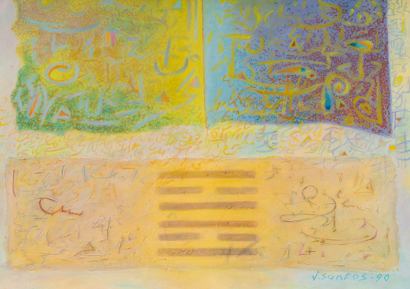 Gemälde, Öl auf Leinwand, von Santos Jocelyne, mit dem Titel Yi-King Feu, 1990. (Französisch) im Angebot