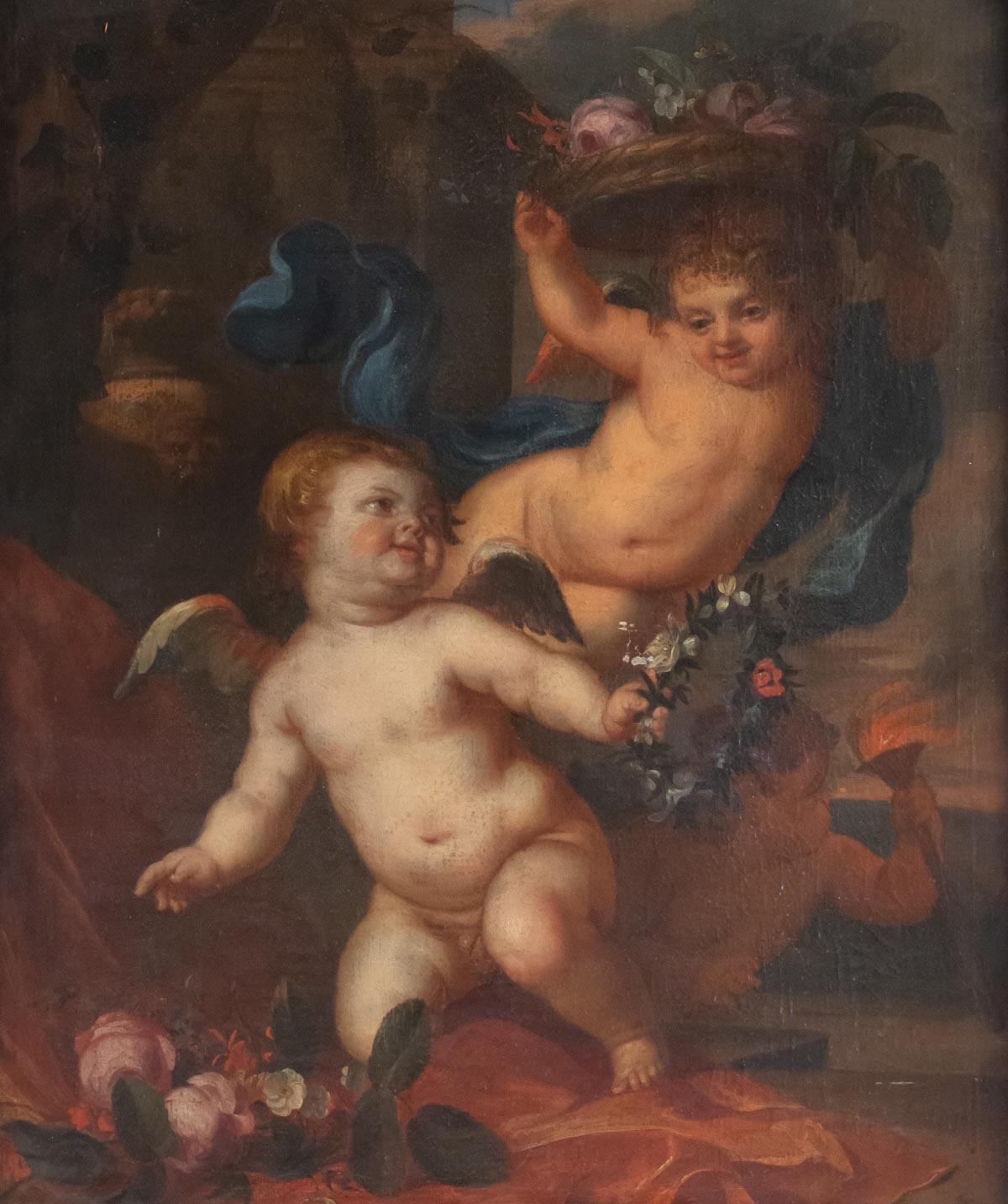 Peinture, huile sur toile, flamande, 17e siècle, représentant trois amours. 
Dimensions : L 78cm, H 85cm, P 8cm.