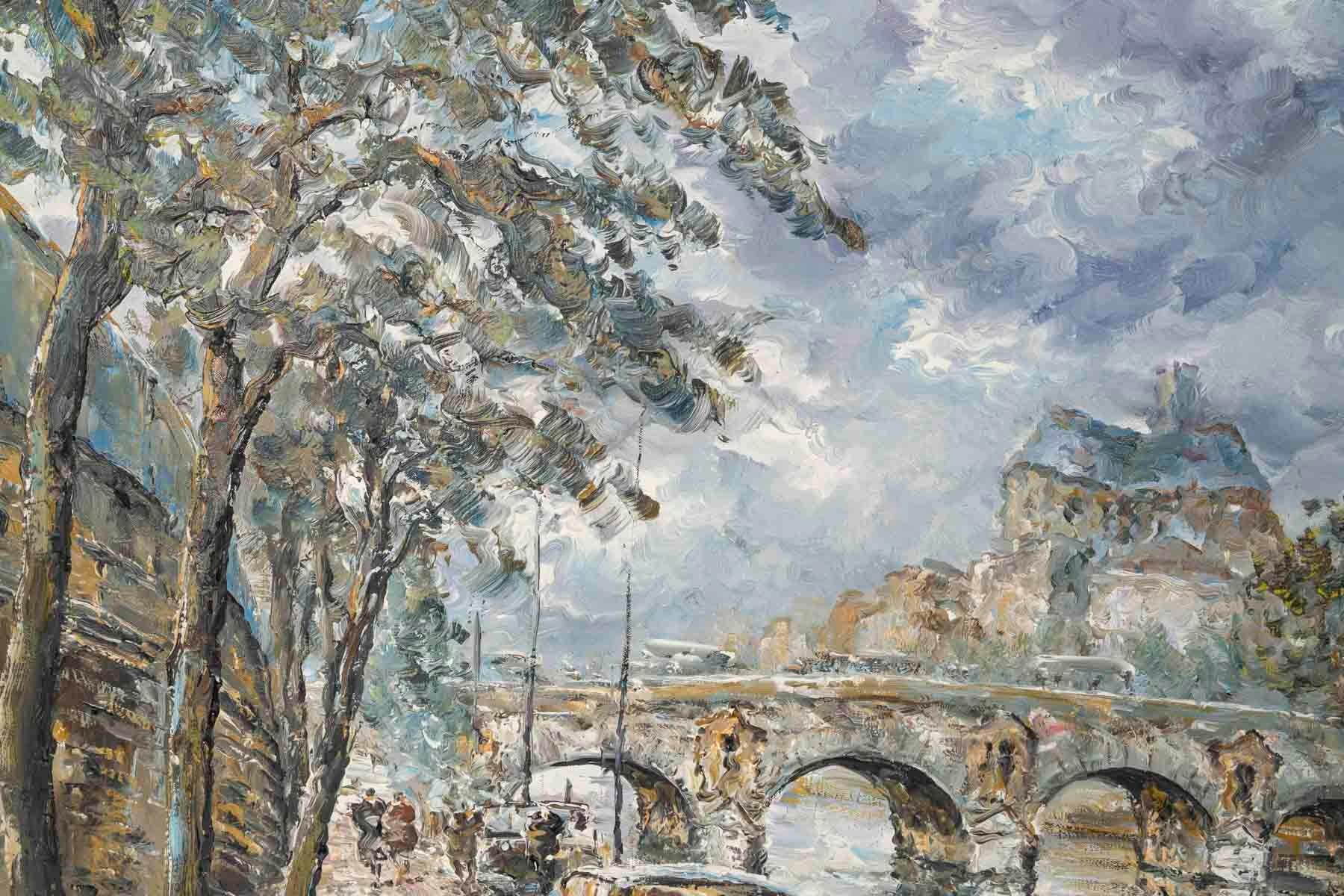 Painting, oil on canvas from the early 20th century, depicting the Pont Marie.

Oil on canvas, painting from the early 20th century, depicting the Pont Marie, framed, signed.
Frame: H: 70 cm, W: 81 cm, D: 7 cm
Canvas: H: 53 cm, W: 64 cm