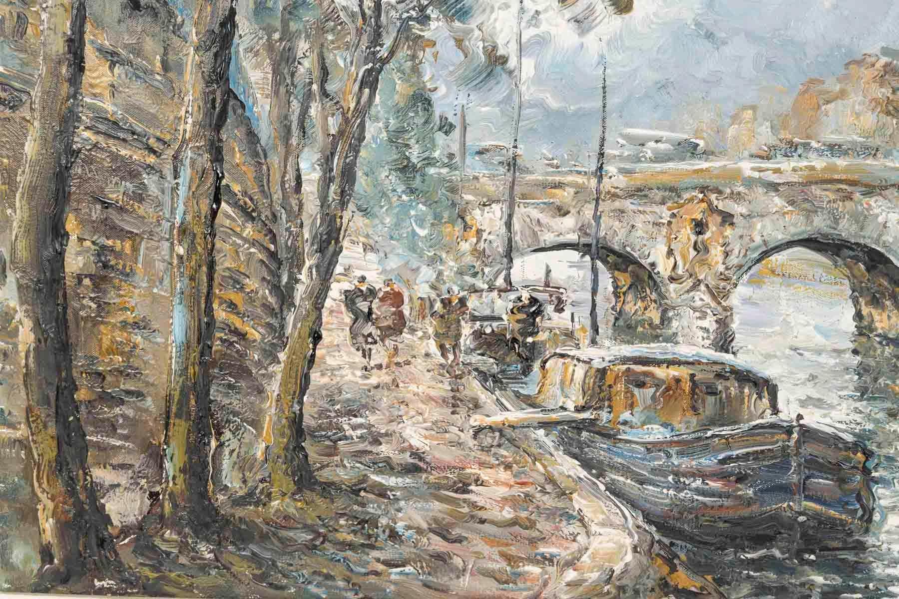 Art Nouveau Painting, Oil on Canvas from the Early 20th Century, Depicting the Pont Marie. For Sale
