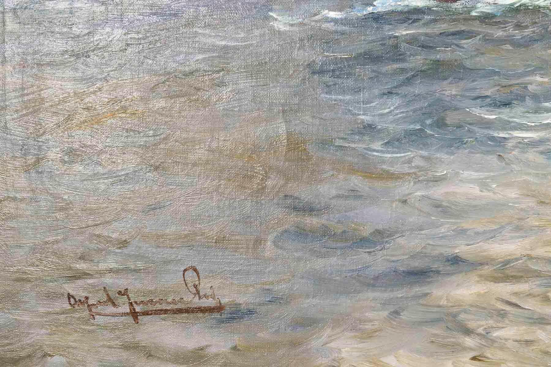 Painting, oil on canvas from the late 19th century, marine painting.

Oil on canvas, painting from the late 19th or early 20th century, depicting a sailing boat on the open sea, framed, signed.
Frame: H: 63 cm, W: 90 cm, D: 3.5 cm
Canvas: H: 53 cm,