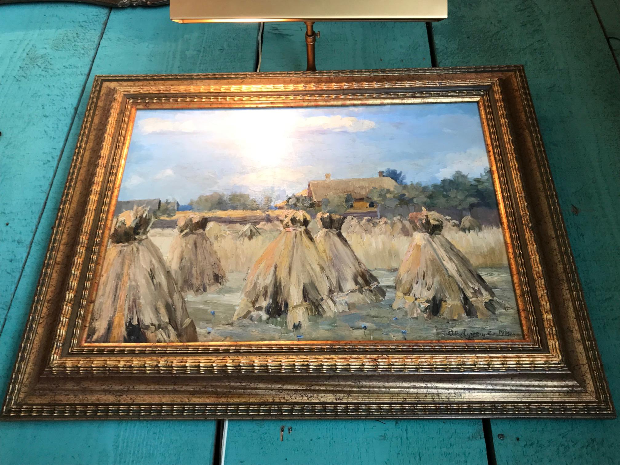 Européen Peinture à l'huile sur toile Haystack Harvest Landscape & Light & Color Antiques LA CA en vente