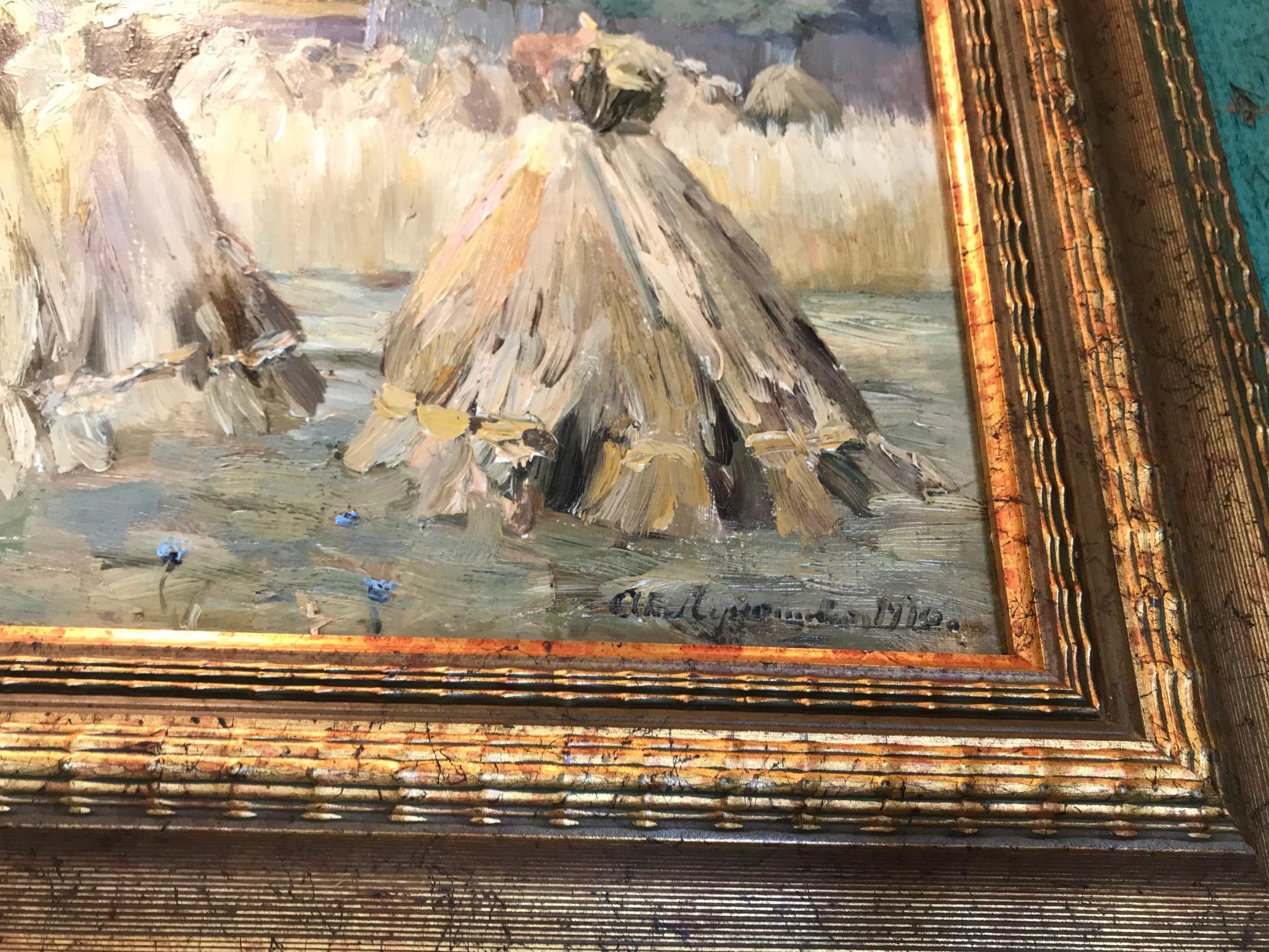 European Painting Oil on Canvas Haystack Harvest Landscape & Light & Color Antiques LA CA For Sale