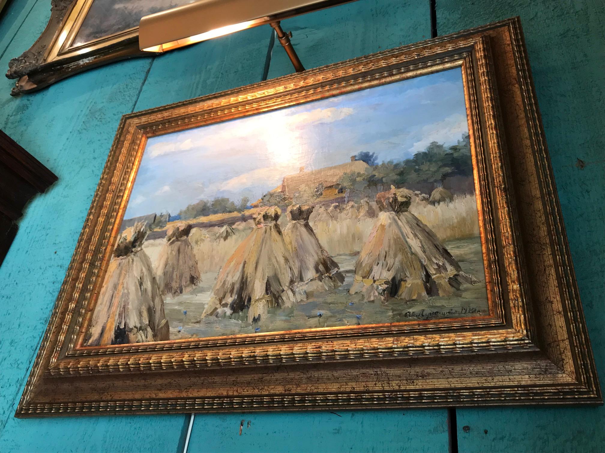 20ième siècle Peinture à l'huile sur toile Haystack Harvest Landscape & Light & Color Antiques LA CA en vente