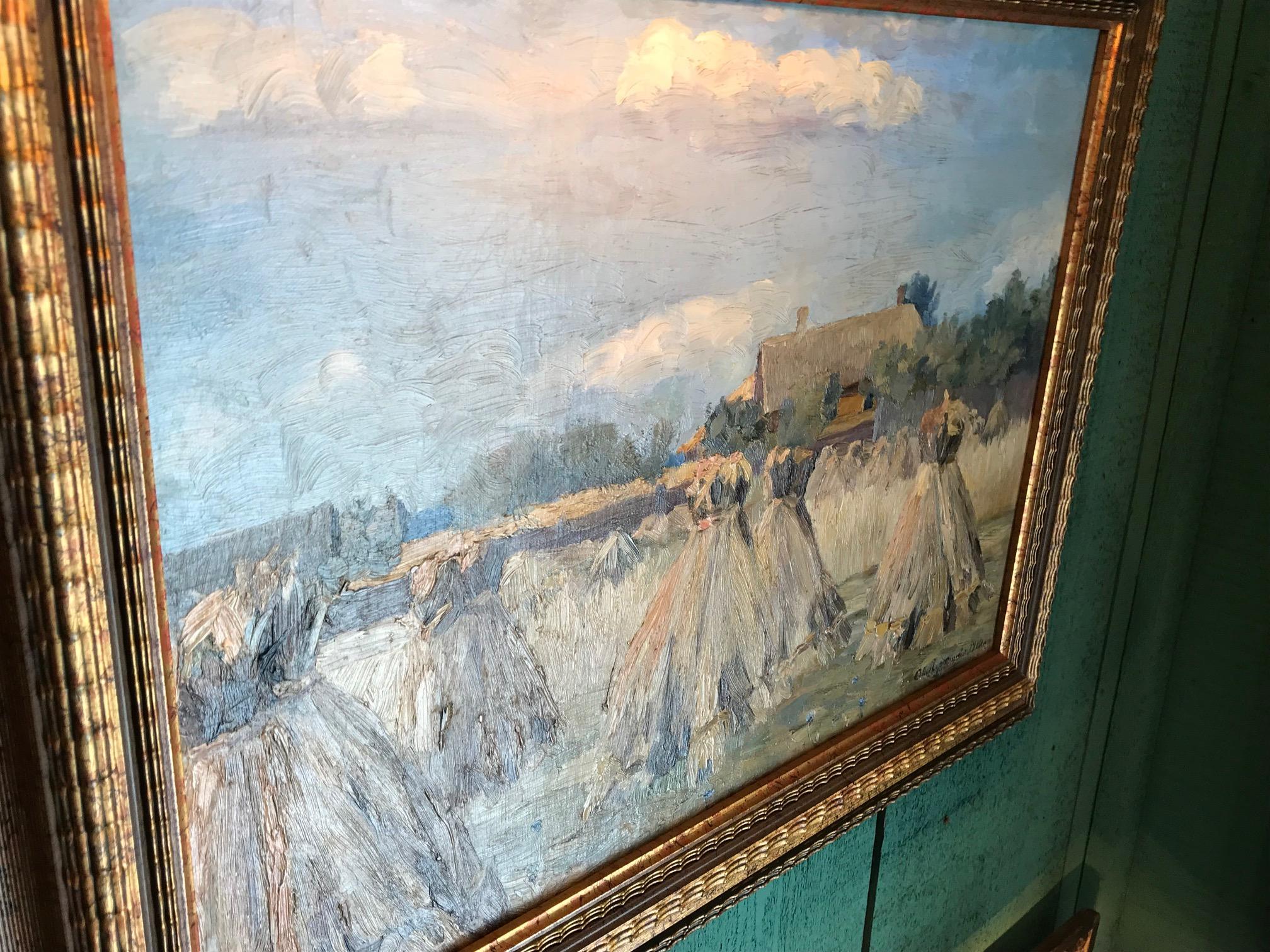 Peinture à l'huile sur toile Haystack Harvest Landscape & Light & Color Antiques LA CA en vente 1