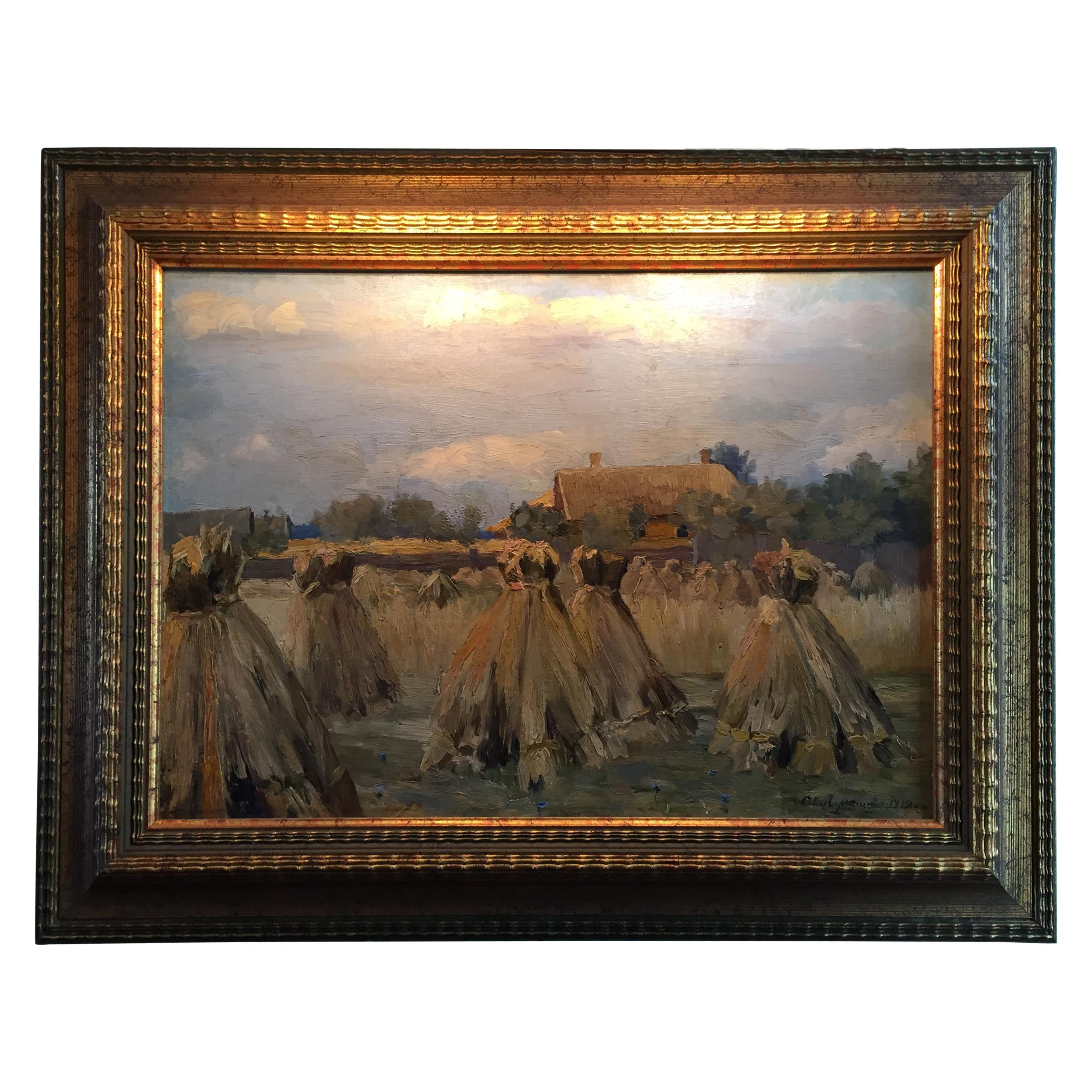 Peinture à l'huile sur toile Haystack Harvest Landscape & Light & Color Antiques LA CA en vente
