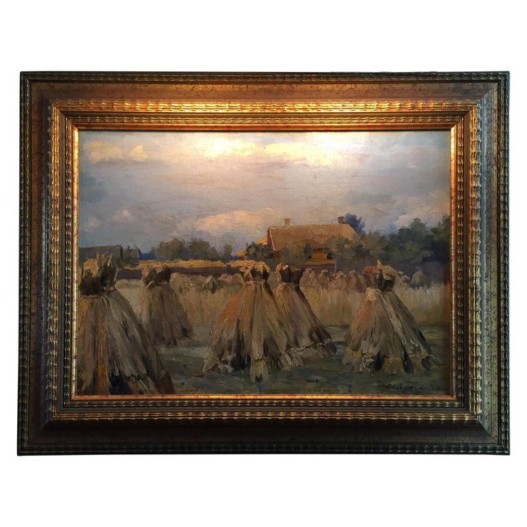 Painting Oil on Canvas Haystack Harvest Landscape & Light & Color Antiques LA CA For Sale