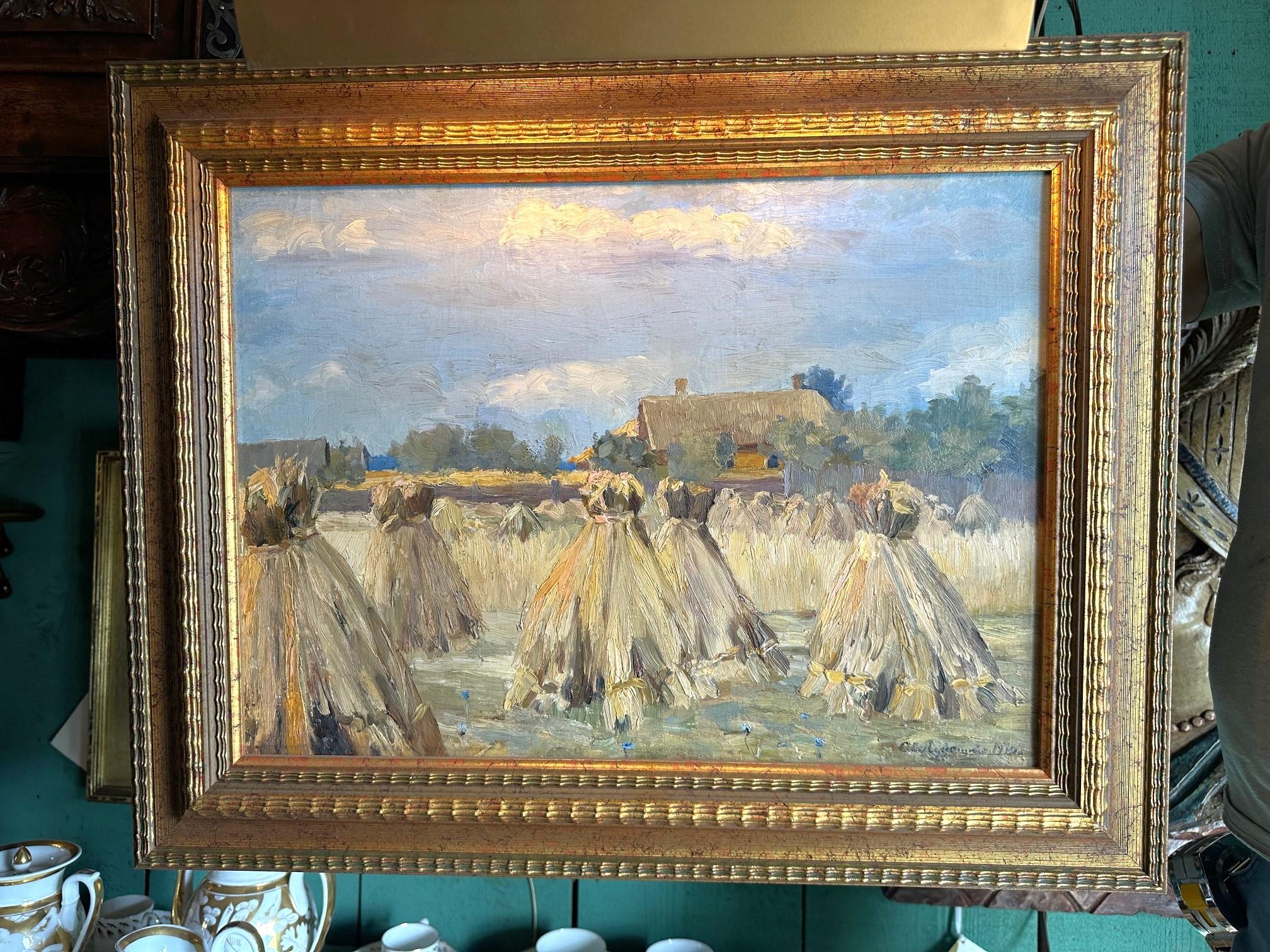 Gemälde Öl auf Leinwand Haystack Ernte Landschaft & Licht & Farbe Antiquitäten LA CA im Angebot 5