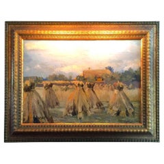 Peinture à l'huile sur toile Haystack Harvest Landscape & Light & Color Antiques LA CA