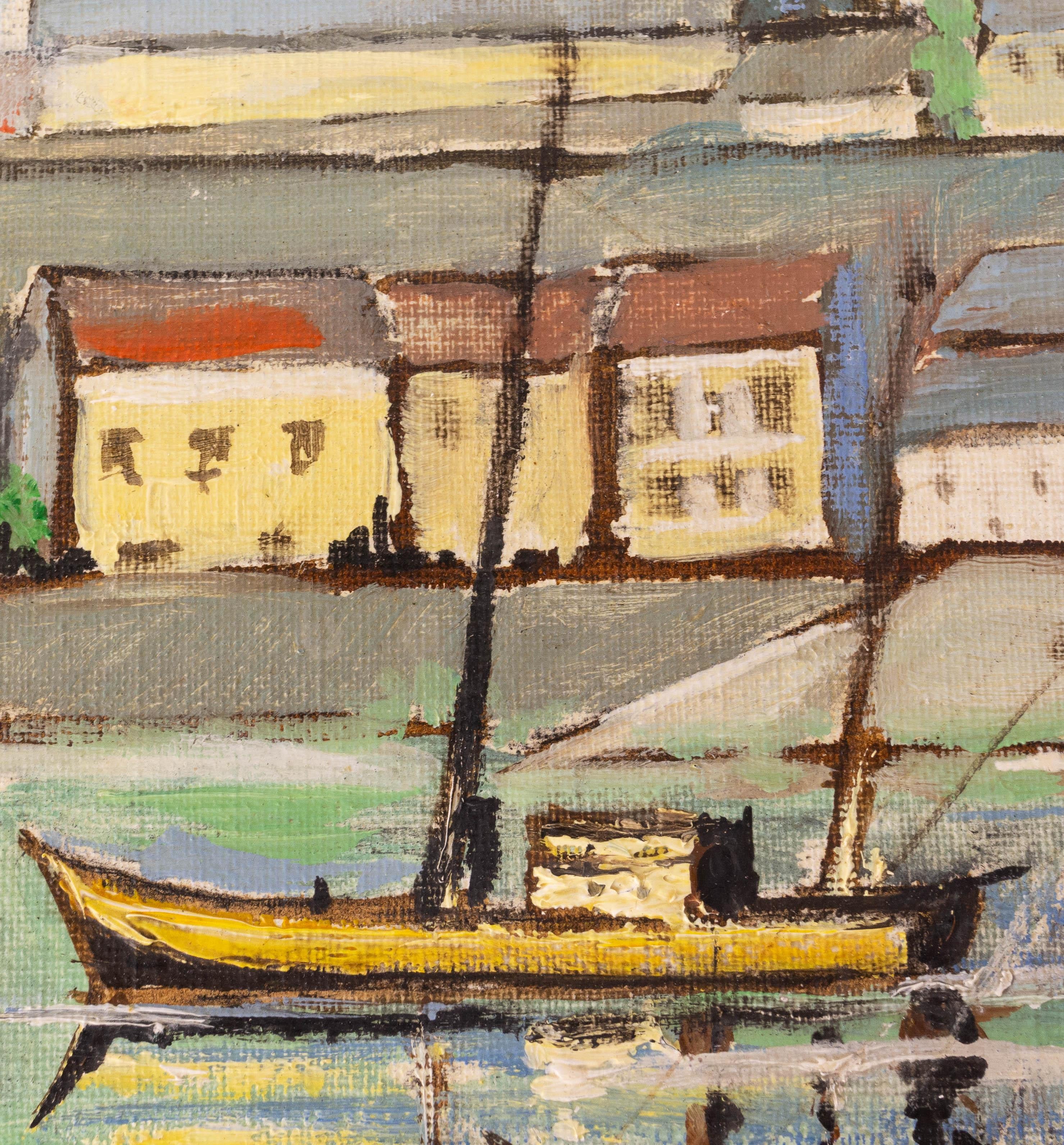 1966 Peinture à l'huile dans le style impressionniste.
Huile sur toile représentant des navires dans un port de Bretagne. Au loin, on aperçoit le village et son église.
Beau travail de matière sur le ciel.
Signé par Jean KOK.

Bon état.

Expédition