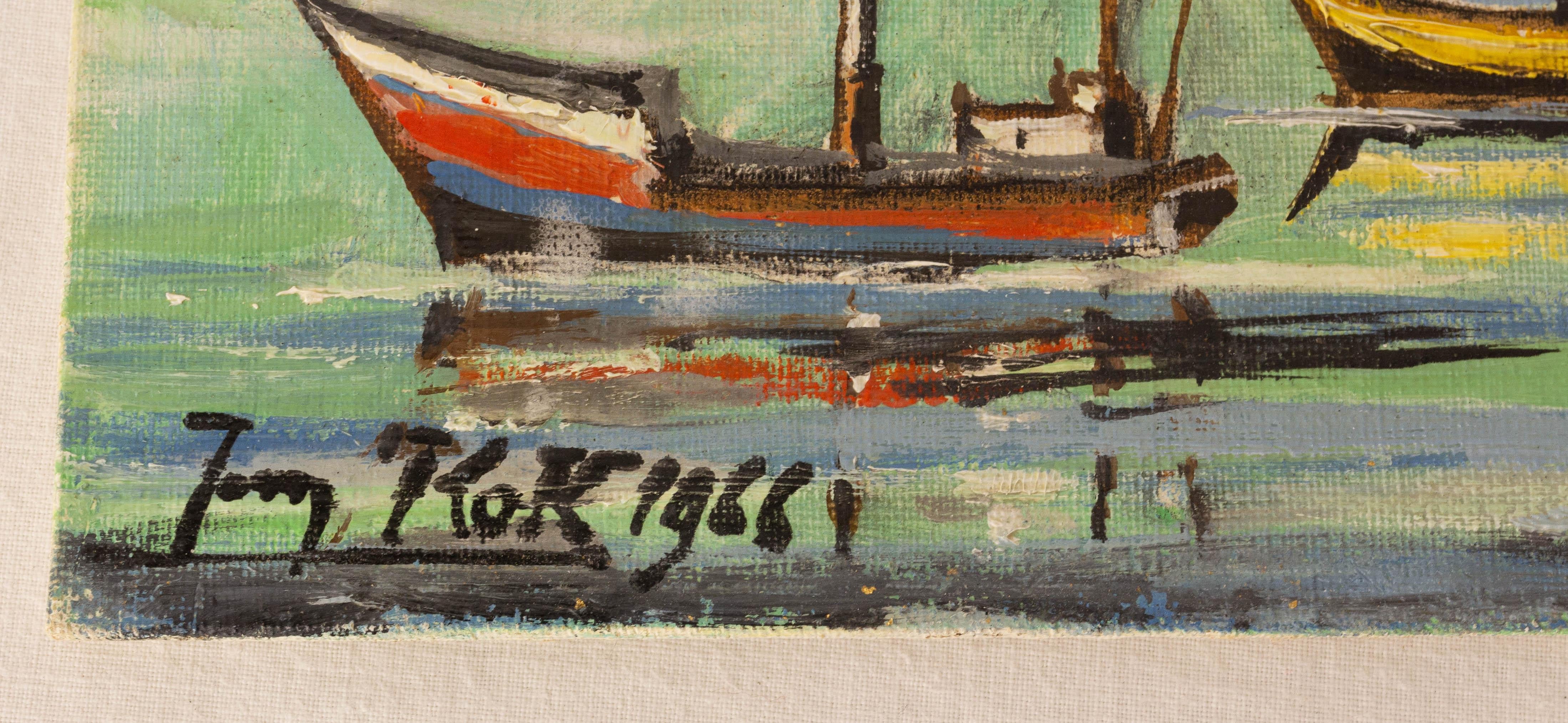 Français Peinture à l'huile sur toile représentant un port de Britanny signée Jean Kok, 1966 en vente