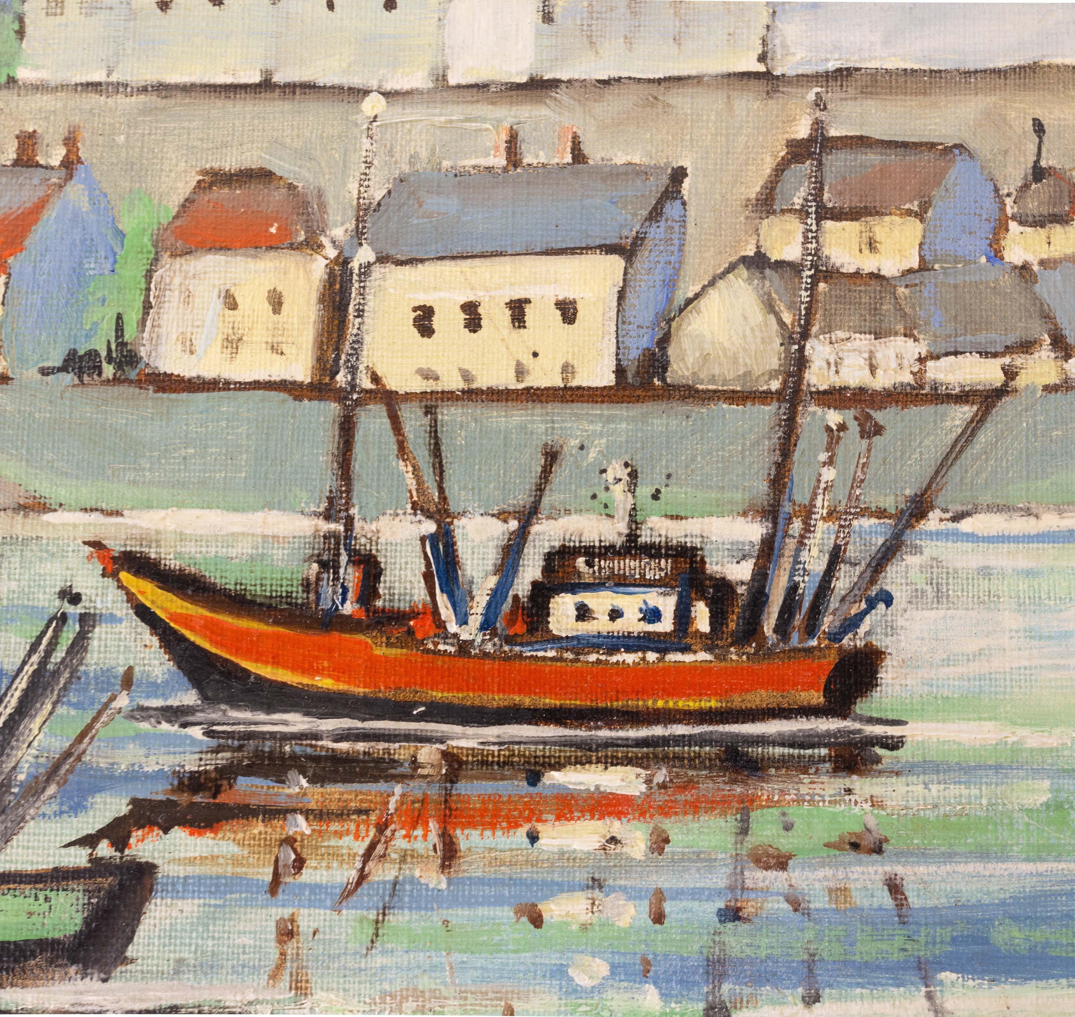 Peint à la main Peinture à l'huile sur toile représentant un port de Britanny signée Jean Kok, 1966 en vente
