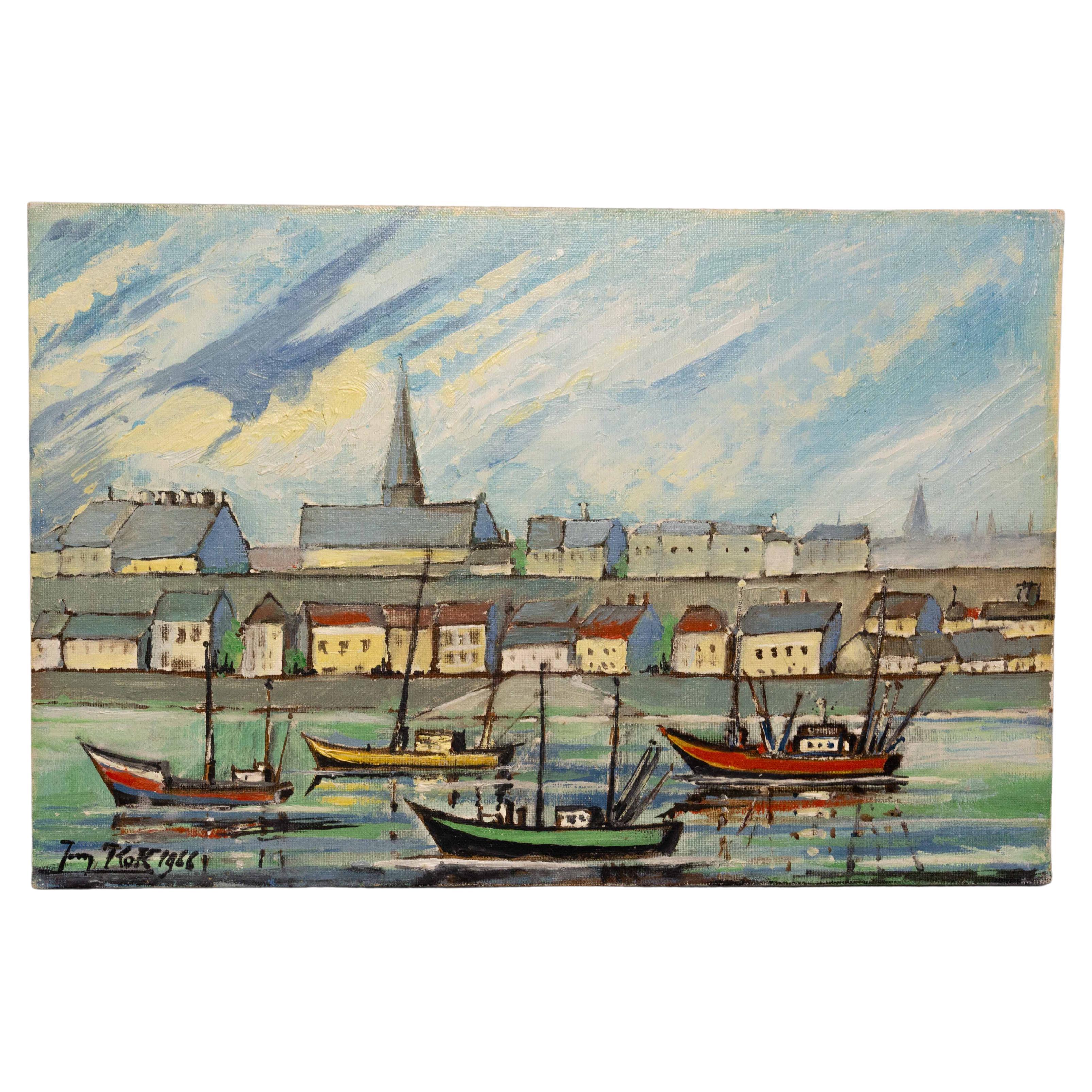 Peinture à l'huile sur toile représentant un port de Britanny signée Jean Kok, 1966 en vente