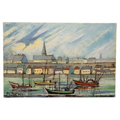 Painting Oil on Canvas Representing a Britanny Port Signed Jean Kok, 1966