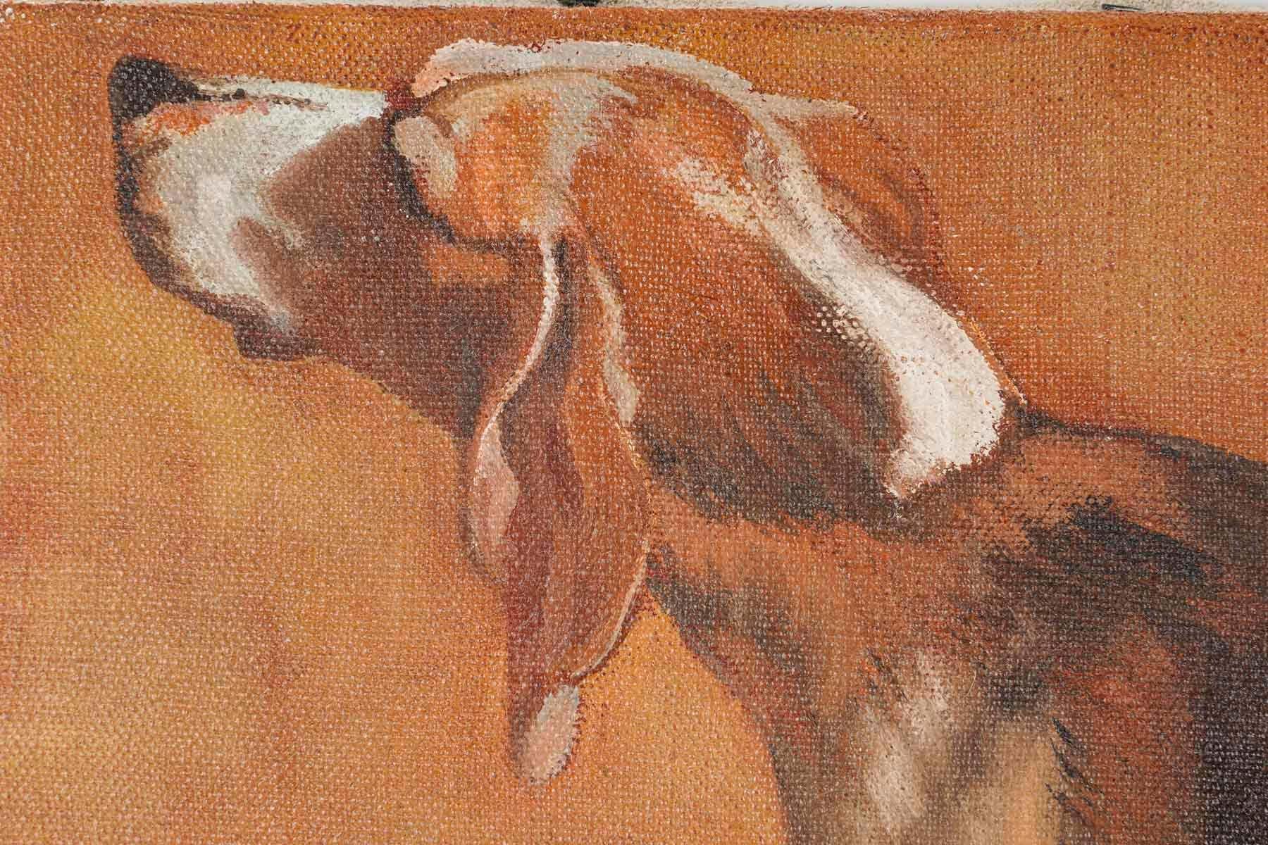 Gemälde, Öl auf Leinwand, das einen Jagdhund darstellt, 1990.

Gemälde eines Jagdhundes in Öl auf Leinwand, unsigniert, 20. Jahrhundert.
H: 27cm, B: 35cm, T: 2cm