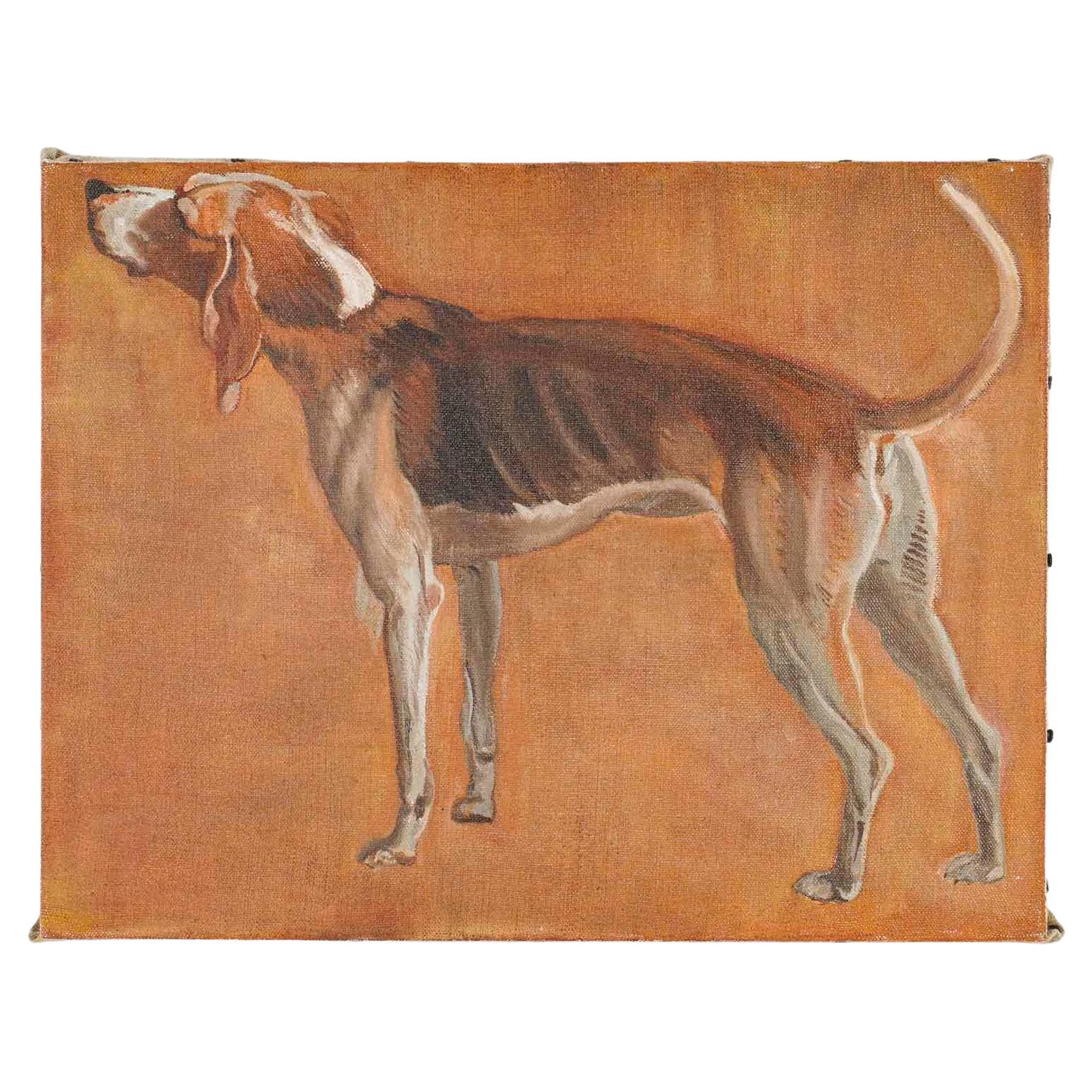 Peinture, huile sur toile représentant un chien de chasse, 1990.