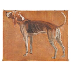 Peinture, huile sur toile représentant un chien de chasse, 1990.