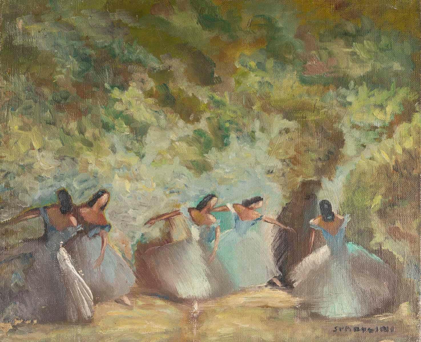 Painting, oil on canvas, The Dancers, signed Spadolini, early 20th century.

Oil on canvas, 20th century painting, The Dancers, signed Spadolini, Alberto Spadolini, 1907-1972.
Frame: H: 43cm, W: 51cm, D: 3cm
Painting: H: 38cm, W: 46cm