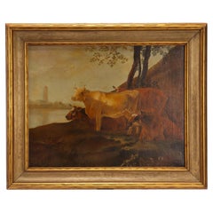 Antique Painting Oil on Canvas with Cows, Austria, 1880