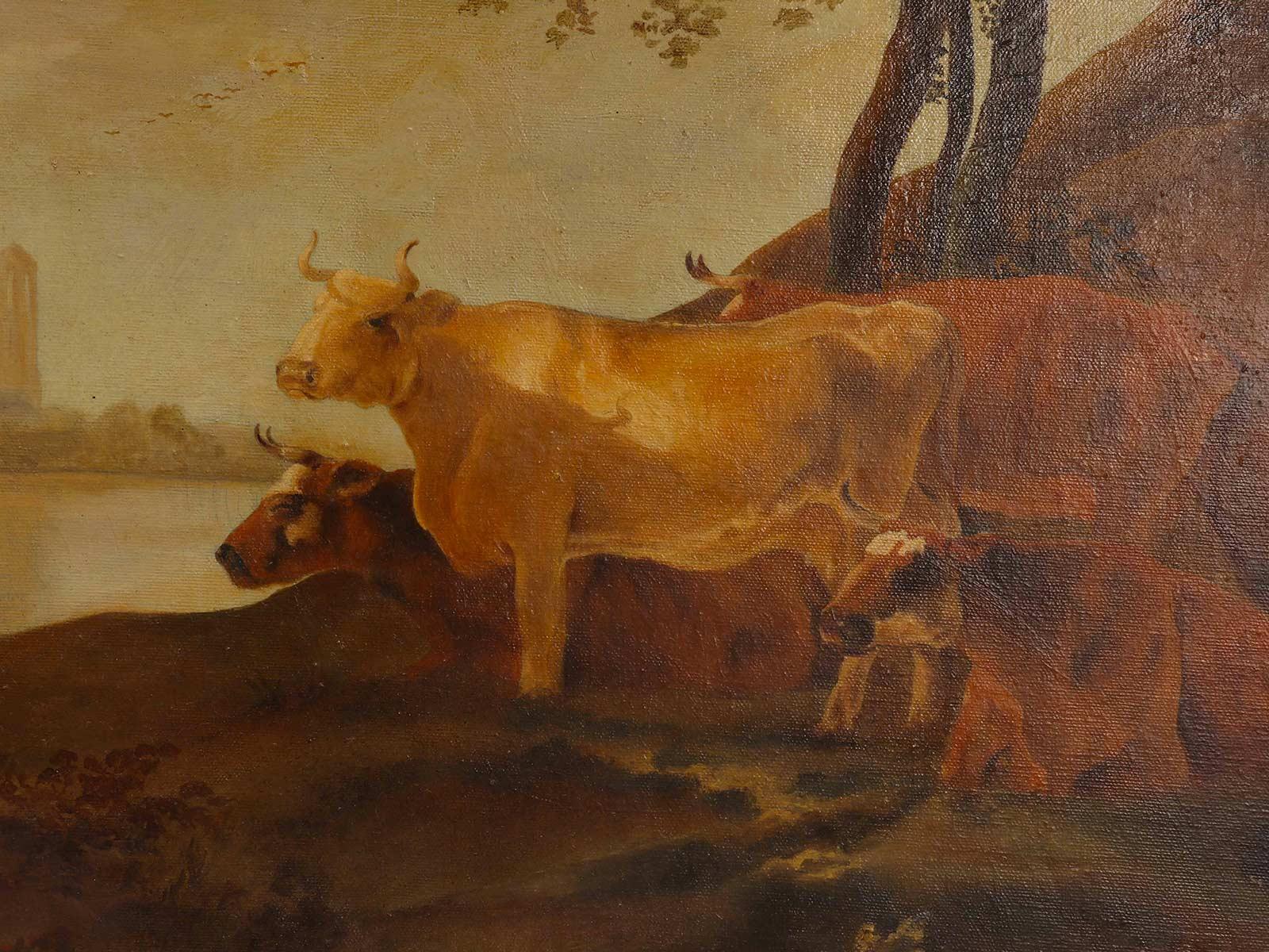 Painting oil on canvas with grazing cows, Austria 1880.  In Good Condition For Sale In Milan, IT