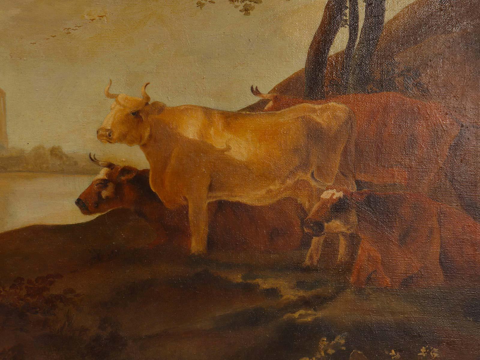 19th Century Painting oil on canvas with grazing cows, Austria 1880.  For Sale
