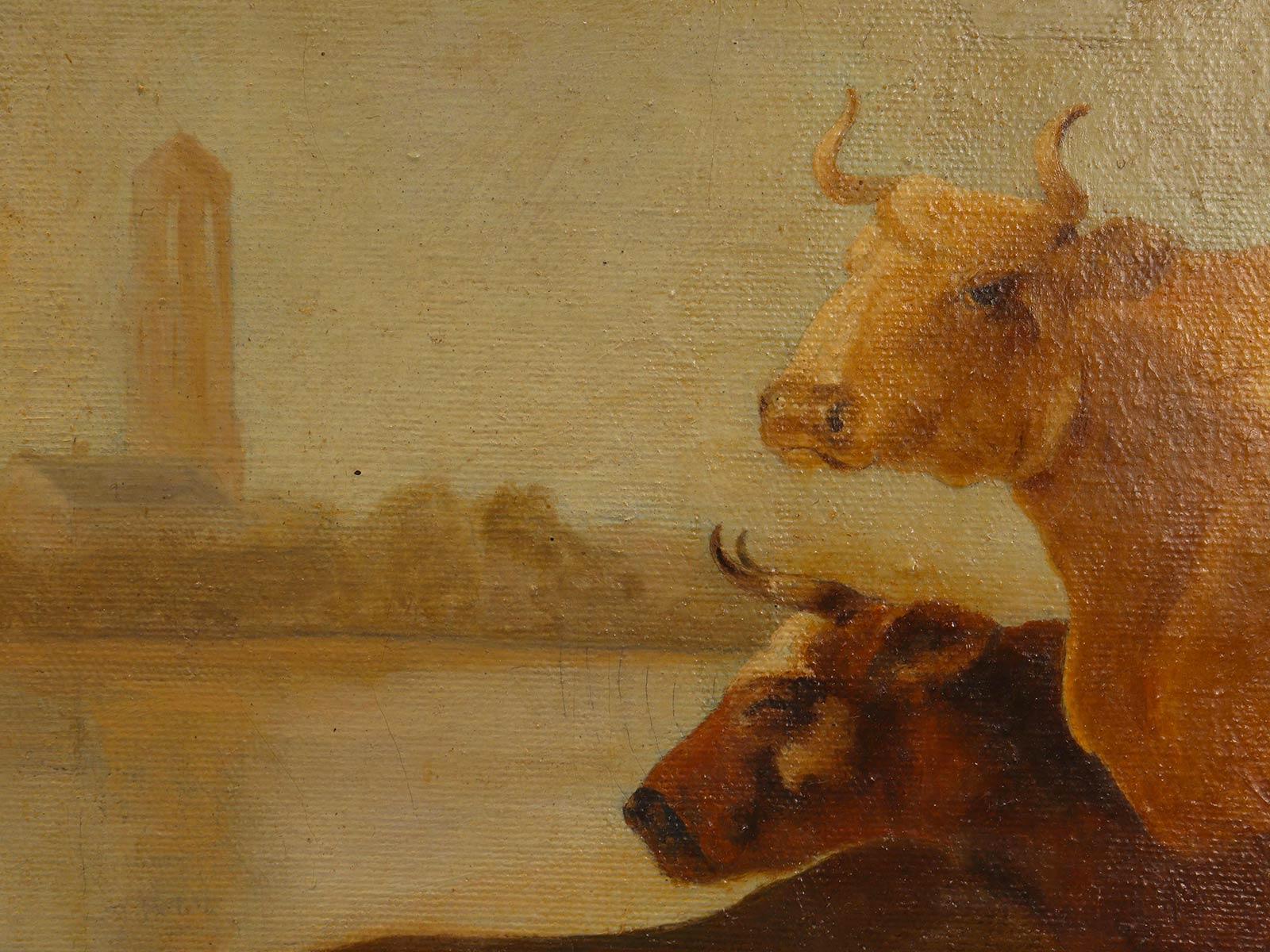 Canvas Painting oil on canvas with grazing cows, Austria 1880.  For Sale