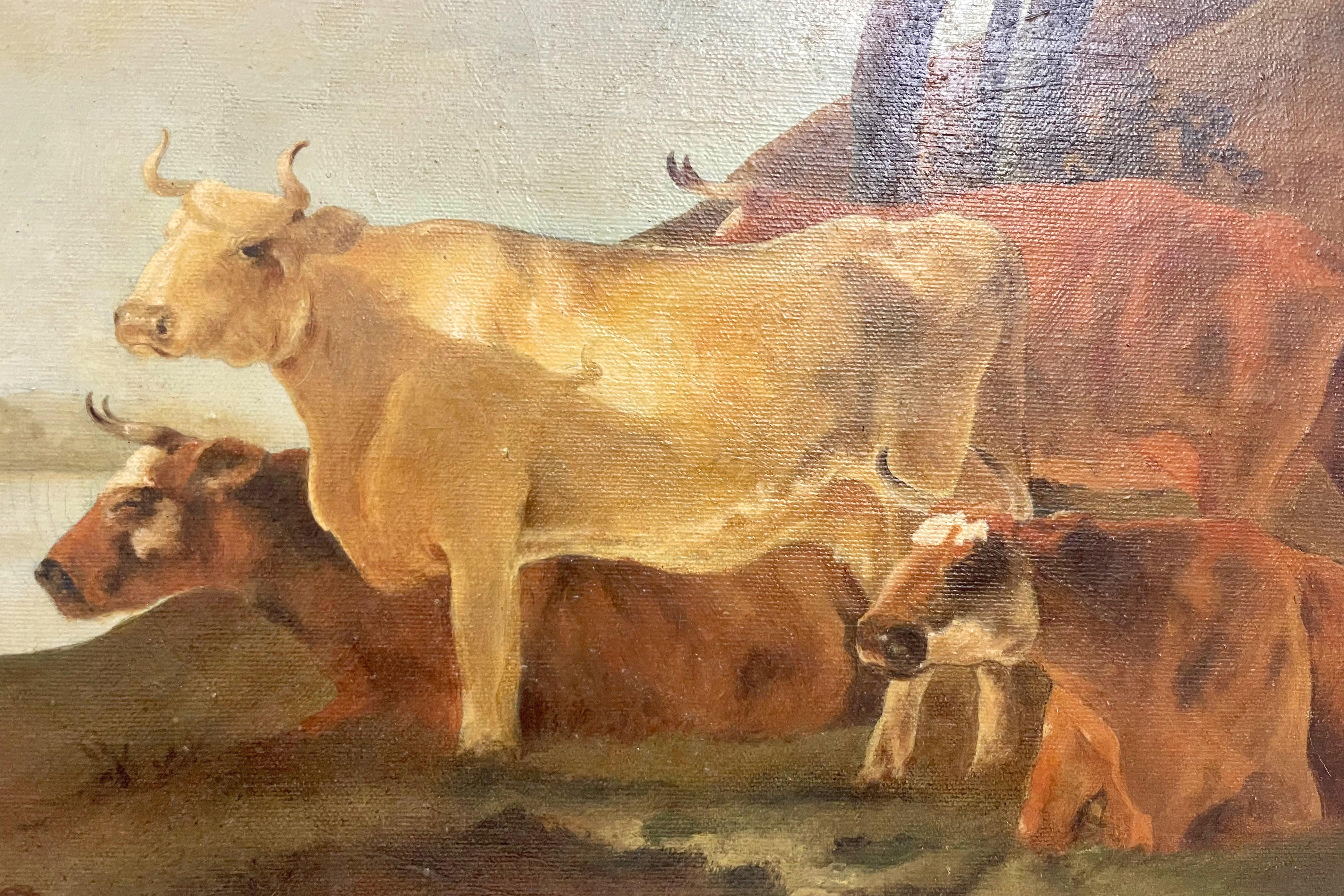 Painting oil on canvas with grazing cows, Austria 1880.  For Sale 1