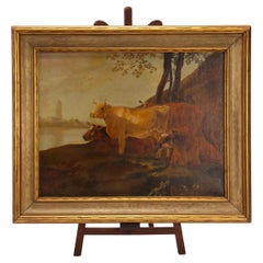 Antique Painting oil on canvas with grazing cows, Austria 1880. 