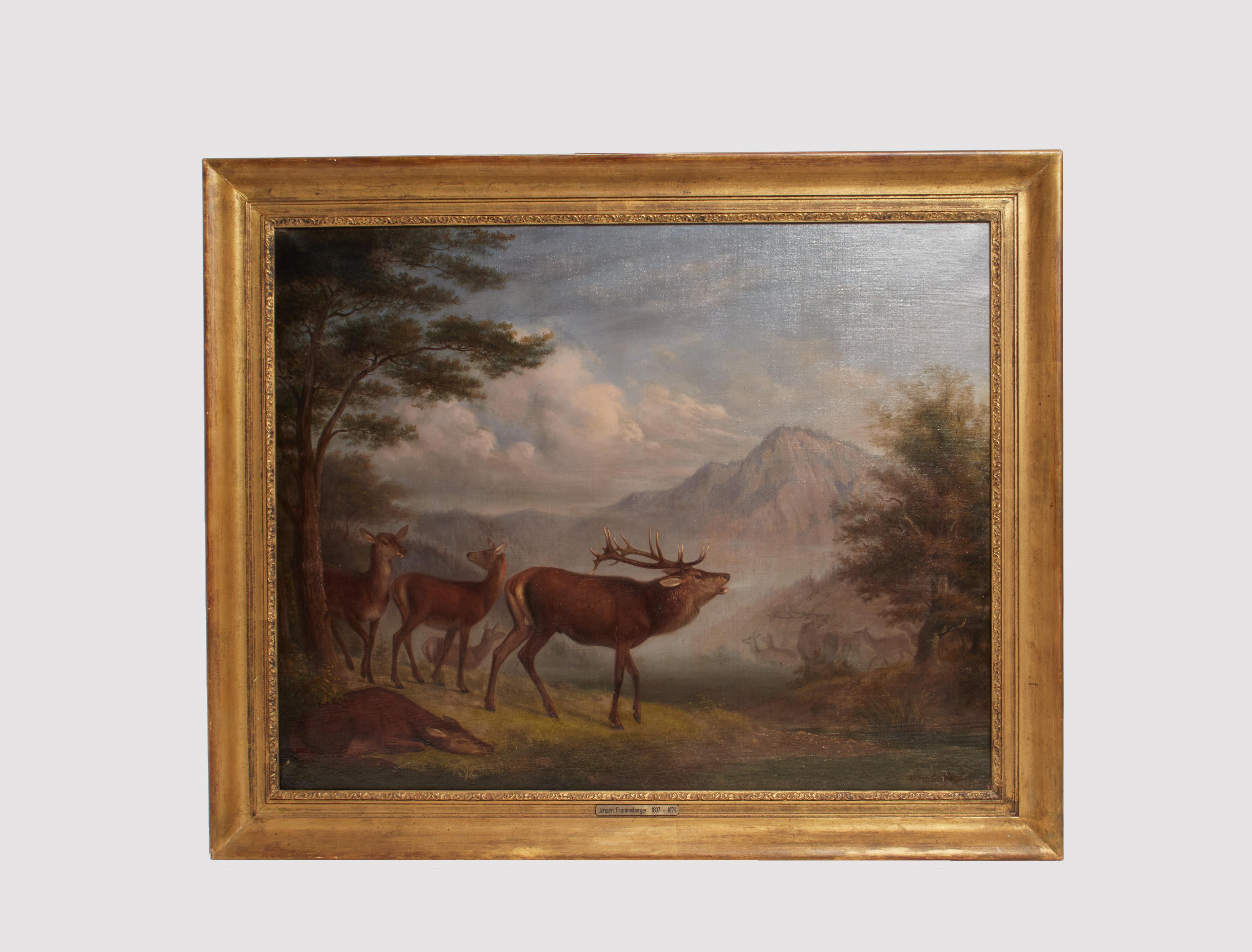 Oil on canvas painting depicting a group of wild stags in a mountain landscape od romantic taste. Golden gilt fruitwood frame. Signed:  Johann Frankenberger (Hadamar 1807 - Wien 1874), renowned painter of intense portraits (including the official