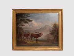 Painting oil on canvas with wild stags. By Johann Frankenberger, Germany 1840.