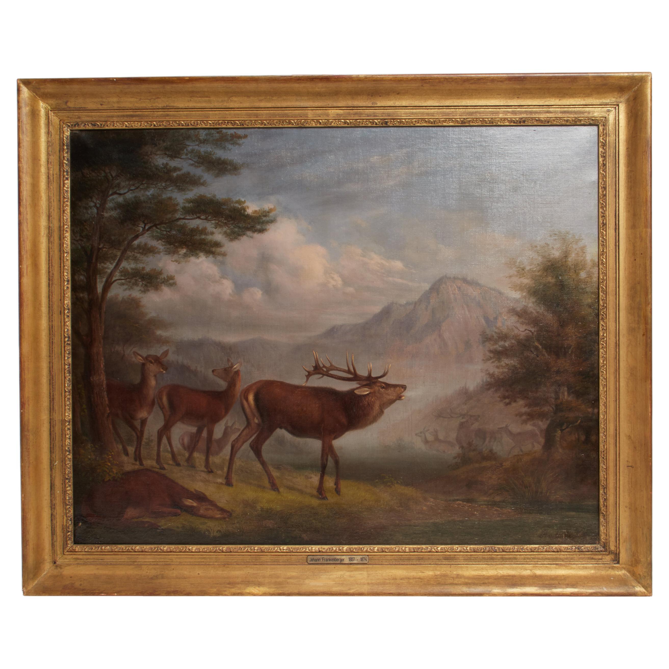 Painting oil on canvas with wild stags. By Johann Frankenberger, Germany 1840. 