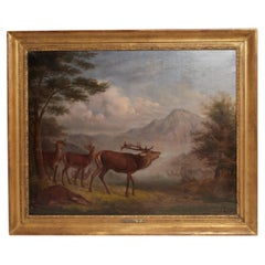 Peinture à l'huile sur toile avec cerfs sauvages. Par Johann Frankenberger, Allemagne, 1840. 