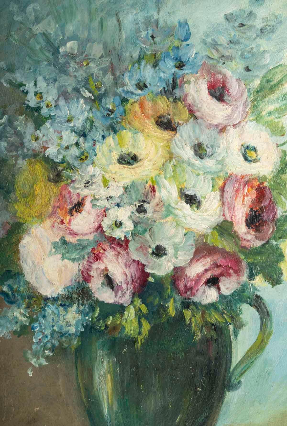 Mid-Century Modern Painting, Oil on Panel, Bouquet of Flowers, Signed Sivet de Rana, XXth Century. For Sale