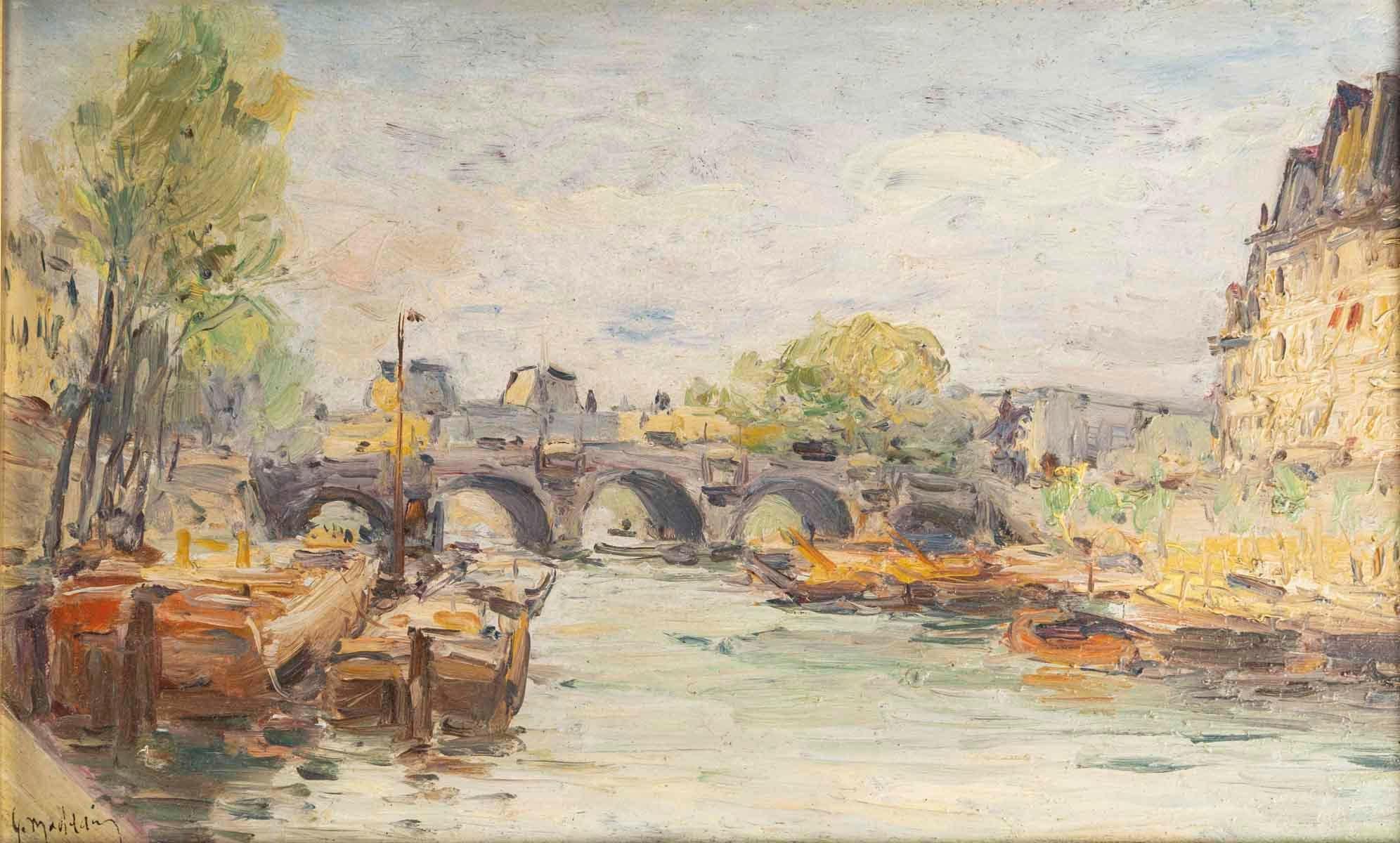 Peinture, huile sur panneau de Gustave Madelain représentant le Pont Neuf à Paris, 19e siècle.

Peinture, huile sur panneau représentant le Pont Neuf à Paris par Gustave Madelain, XIXe siècle, période Napoléon III.

Cadre : H : 36cm, L : 47cm, P :