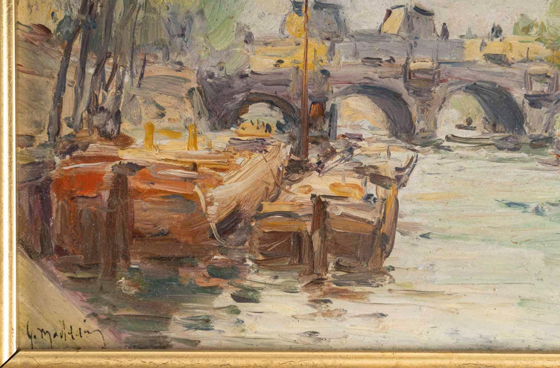 Napoléon III Peinture, huile sur panneau de Gustave Madelain représentant le Pont Neuf à Paris.