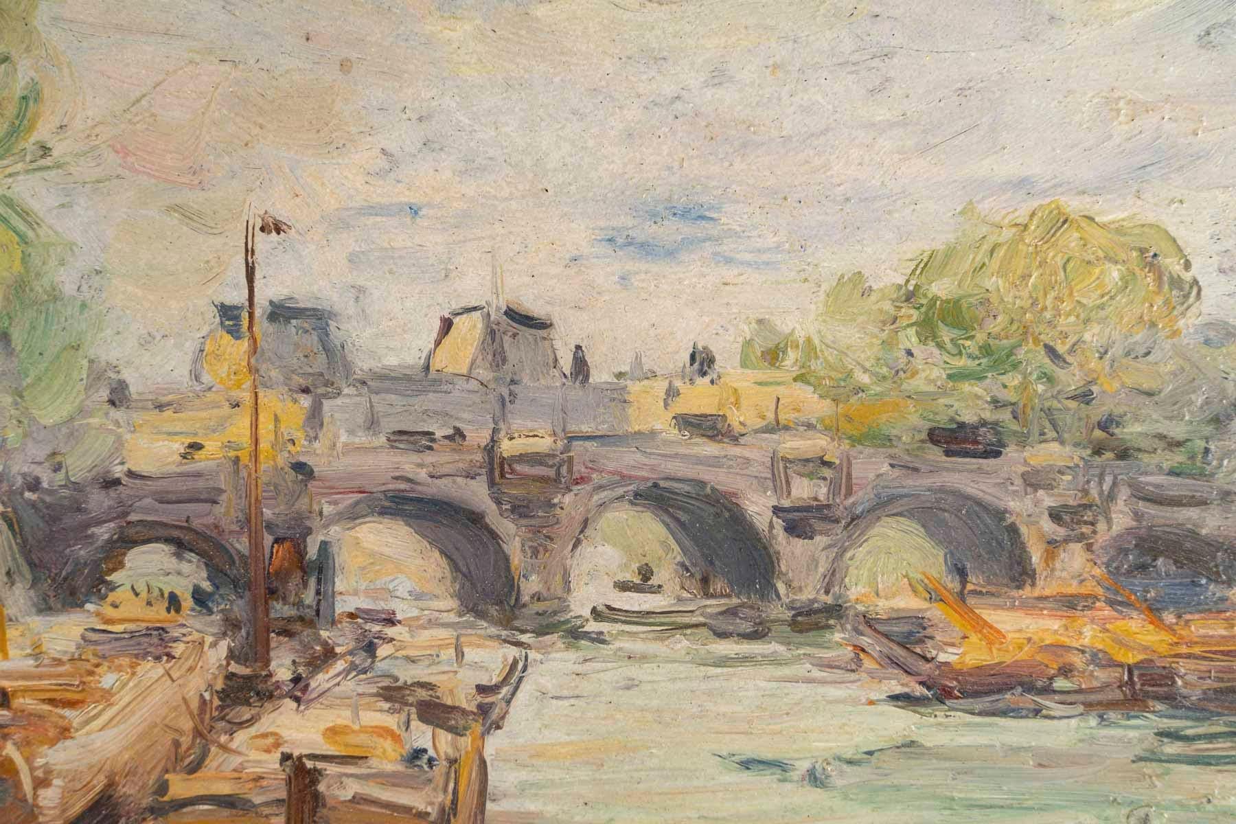 Français Peinture, huile sur panneau de Gustave Madelain représentant le Pont Neuf à Paris.