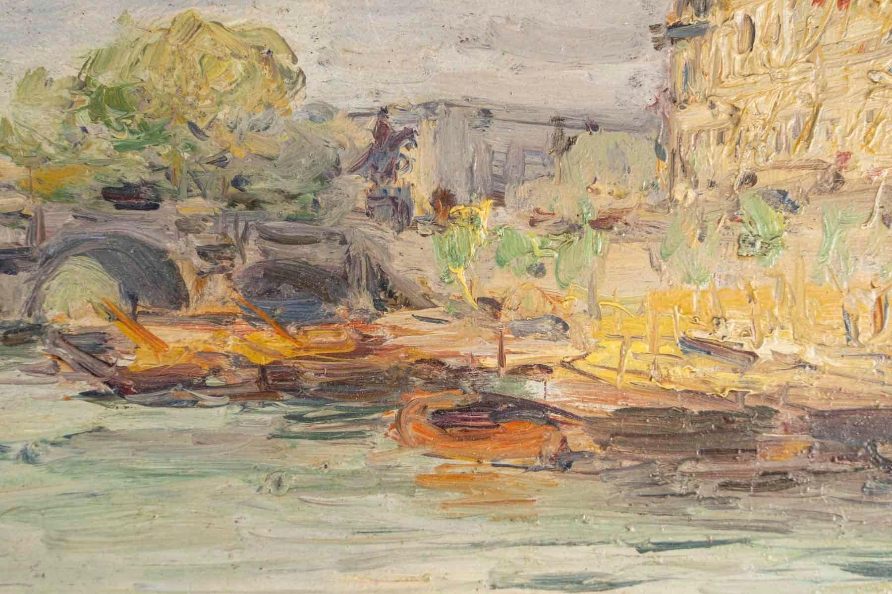 Peinture, huile sur panneau de Gustave Madelain représentant le Pont Neuf à Paris. Bon état à Saint-Ouen, FR
