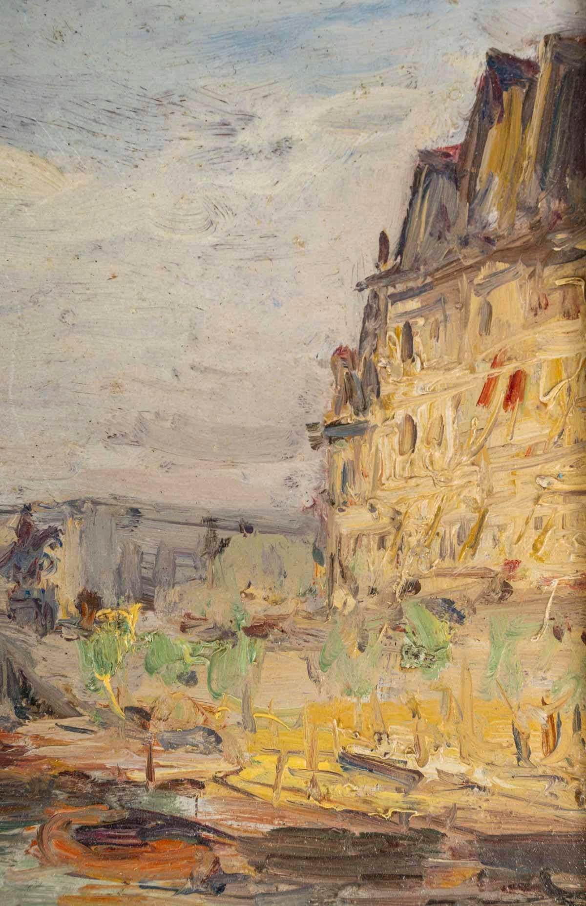 XIXe siècle Peinture, huile sur panneau de Gustave Madelain représentant le Pont Neuf à Paris.