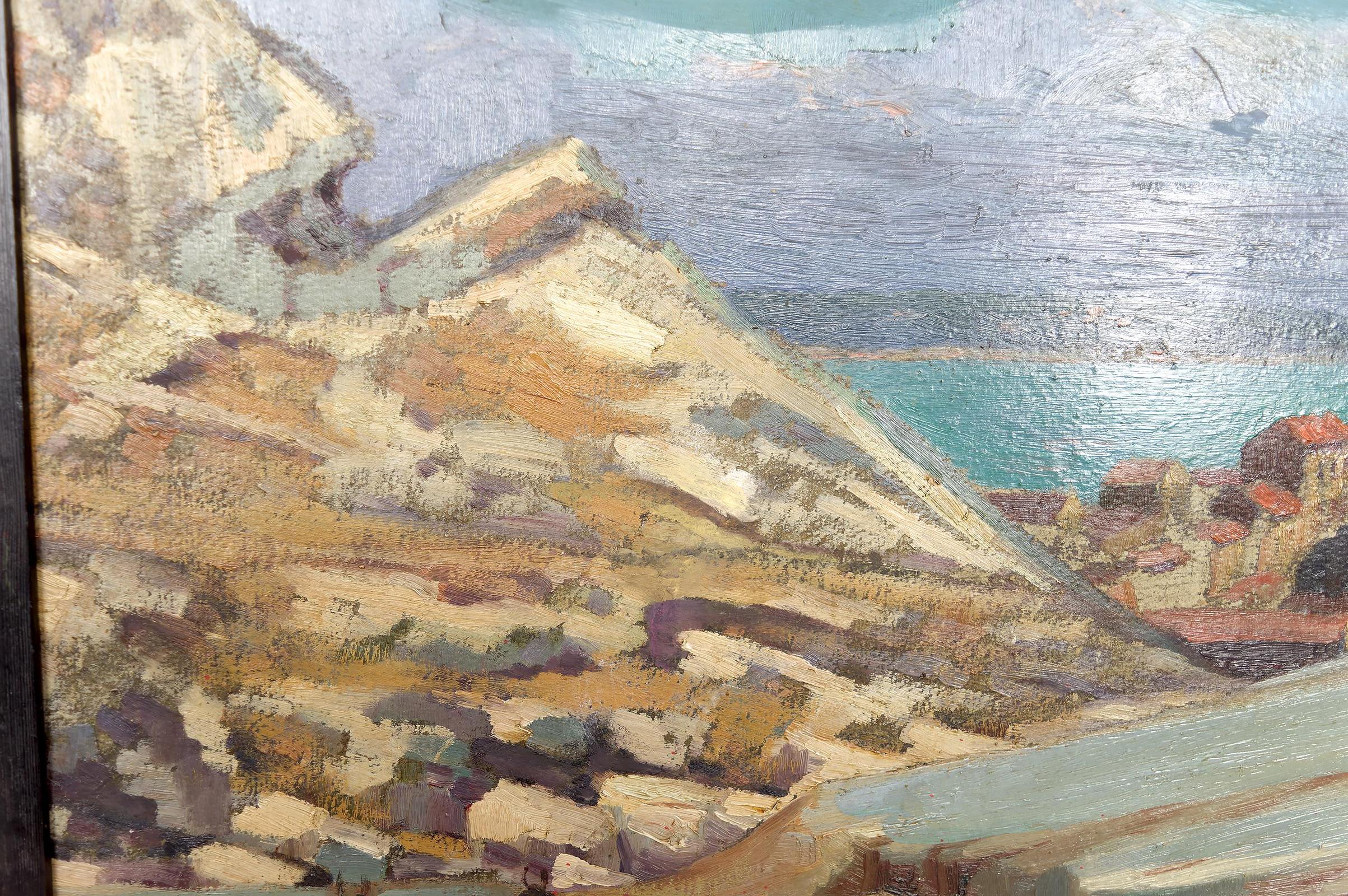 Gemälde, Öl auf Tafel, „Mediterranean Coastal Town“, Frankreich, um 1930 im Angebot 4