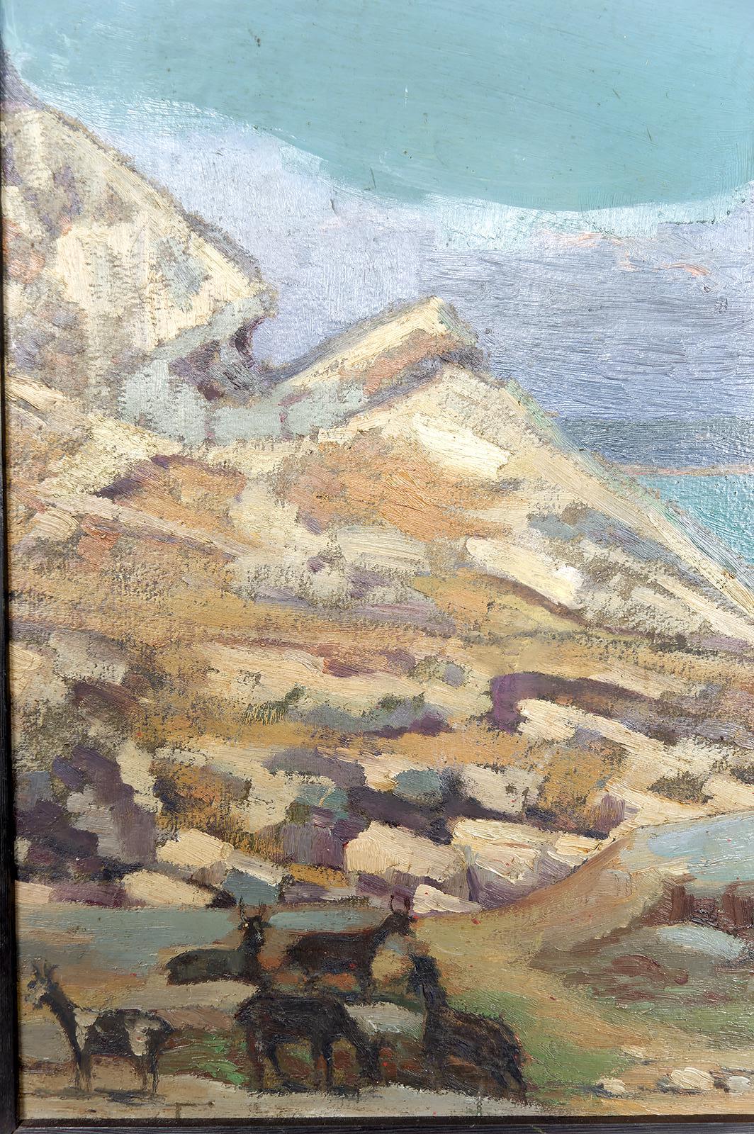 Gemälde, Öl auf Tafel, „Mediterranean Coastal Town“, Frankreich, um 1930 im Angebot 5