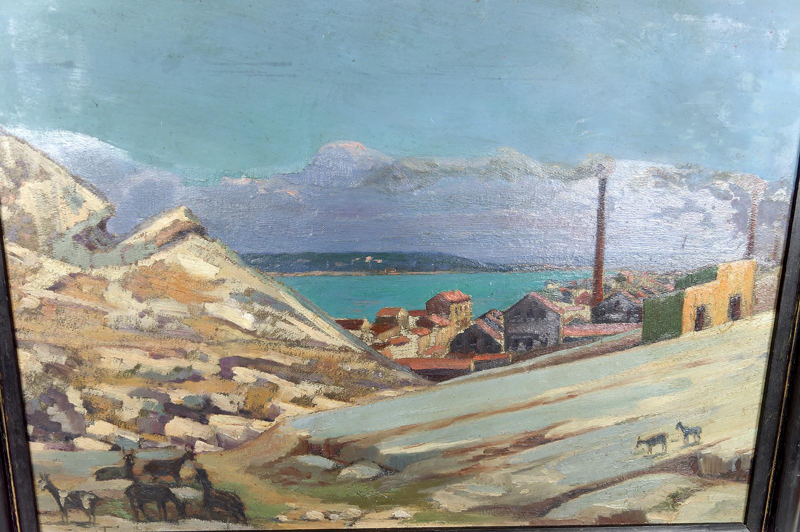 Gemälde, Öl auf Tafel, „Mediterranean Coastal Town“, Frankreich, um 1930 (Art déco) im Angebot