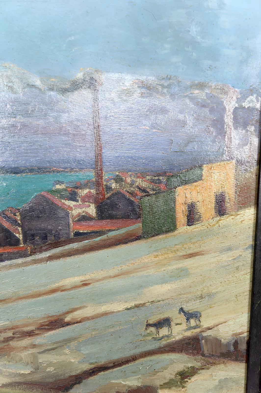 Gemälde, Öl auf Tafel, „Mediterranean Coastal Town“, Frankreich, um 1930 (Französisch) im Angebot