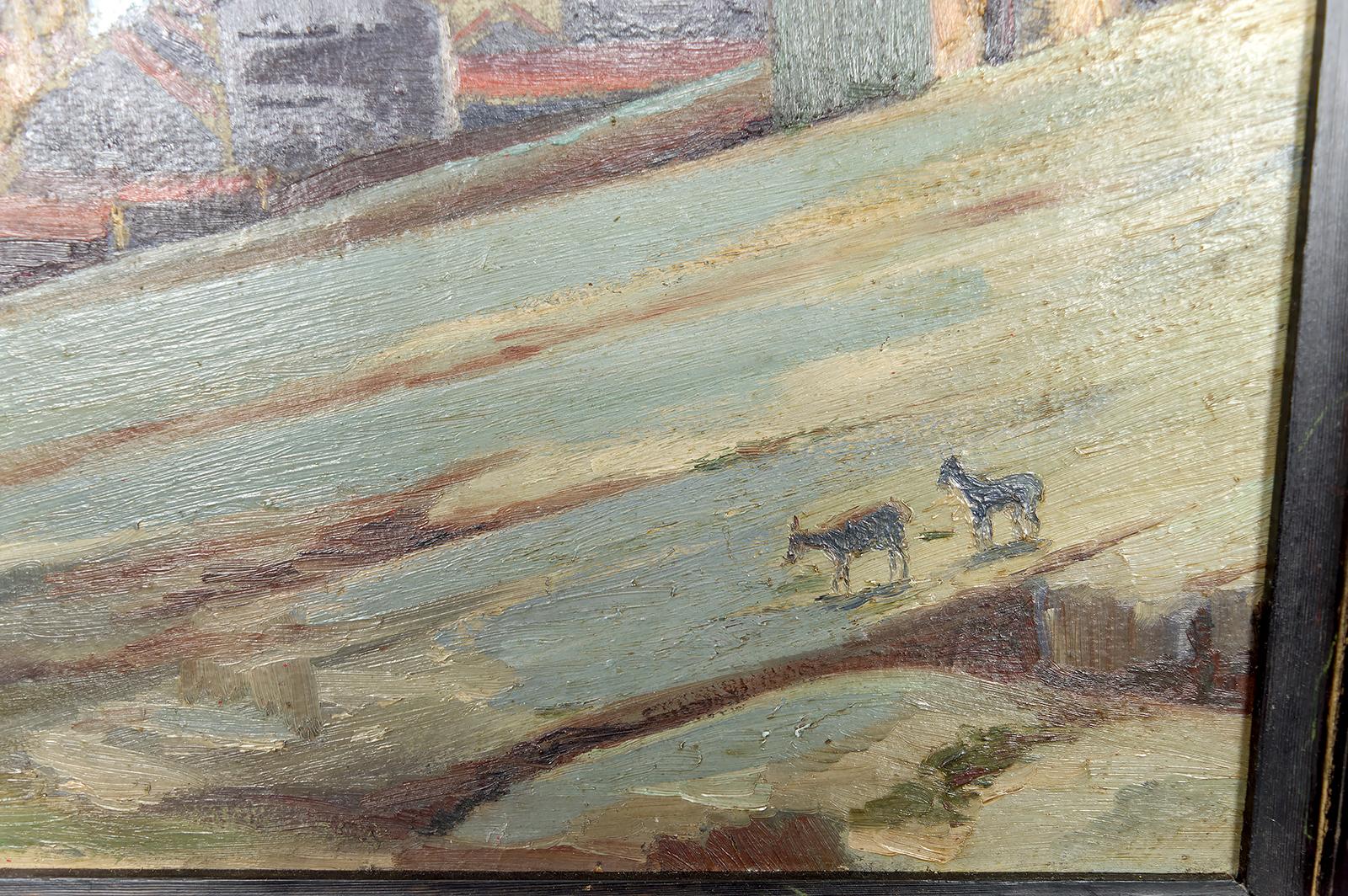 Gemälde, Öl auf Tafel, „Mediterranean Coastal Town“, Frankreich, um 1930 (Handbemalt) im Angebot