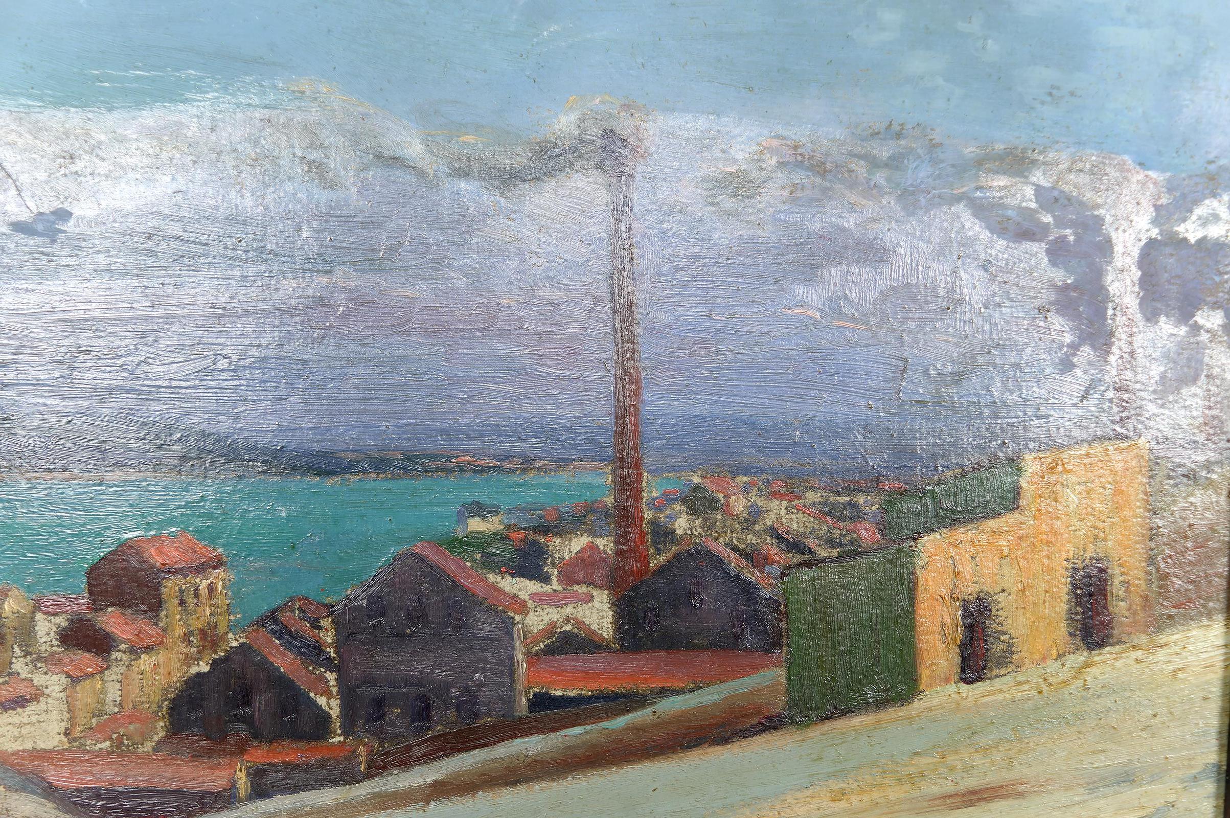Gemälde, Öl auf Tafel, „Mediterranean Coastal Town“, Frankreich, um 1930 im Zustand „Gut“ im Angebot in VÉZELAY, FR