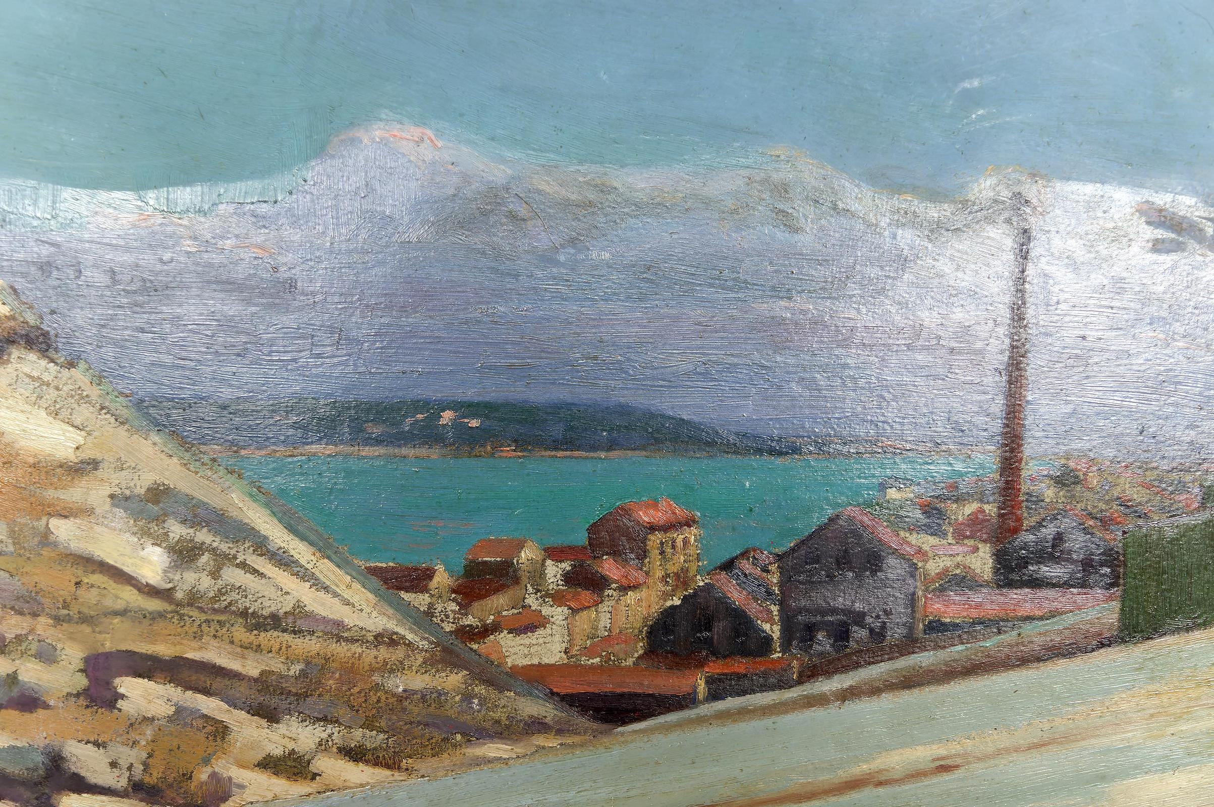 Gemälde, Öl auf Tafel, „Mediterranean Coastal Town“, Frankreich, um 1930 (Holz) im Angebot